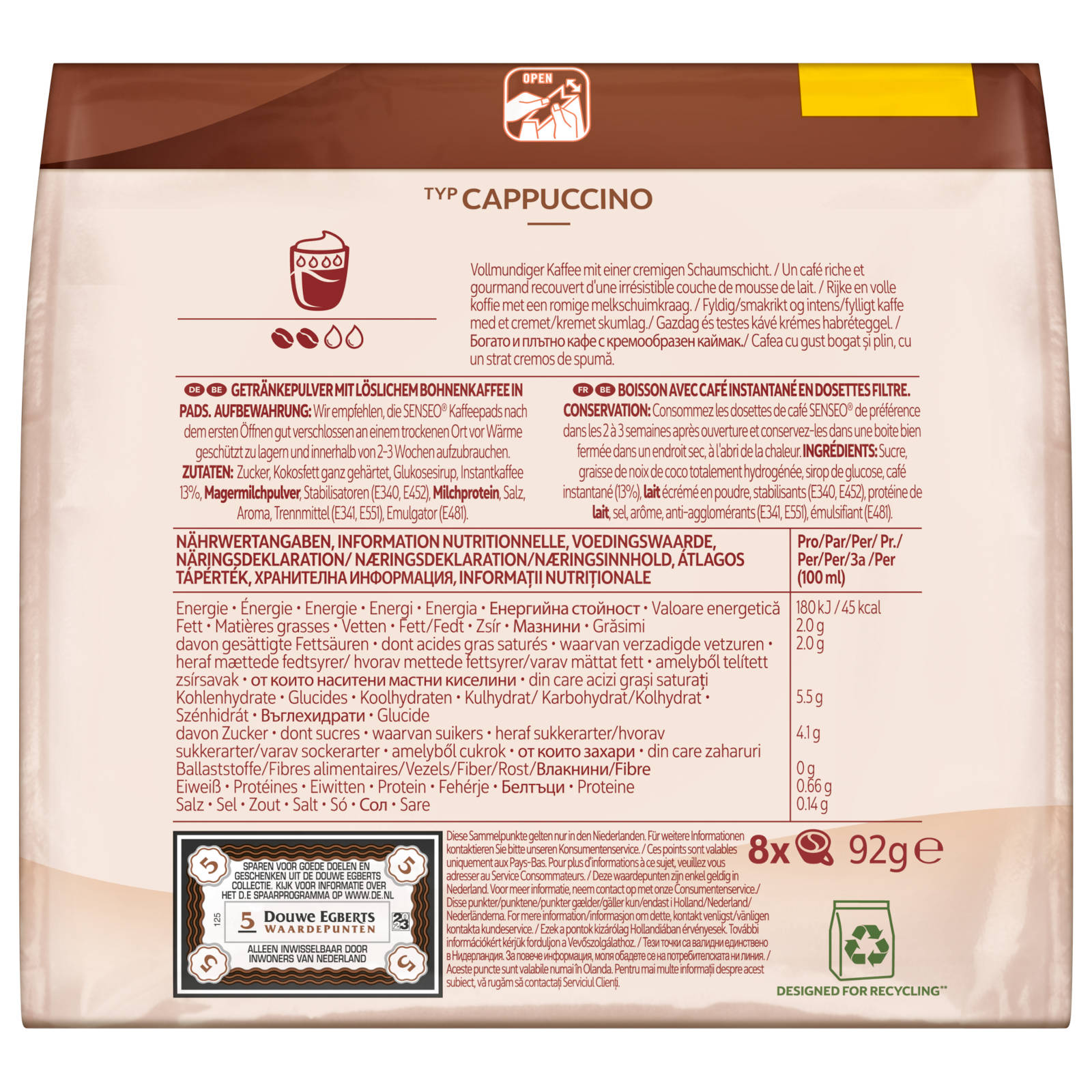 Cappuccino-Instantkaffee-Paket. Enthält Nährwertangaben, Zutaten und ein Recycling-Symbol.