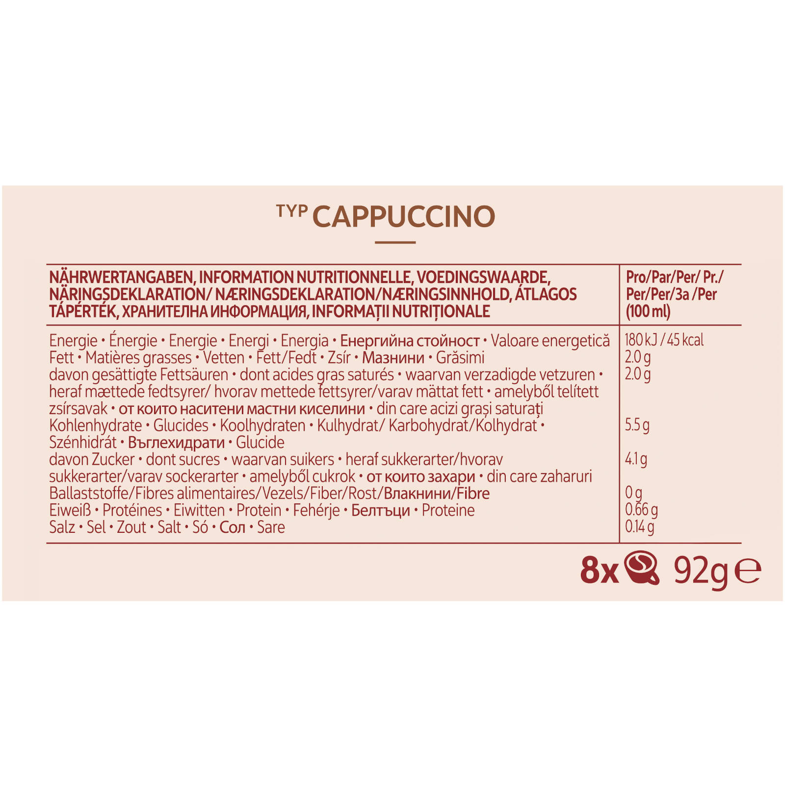Nährwertkennzeichnung für Cappuccino. Enthält verschiedene Daten.