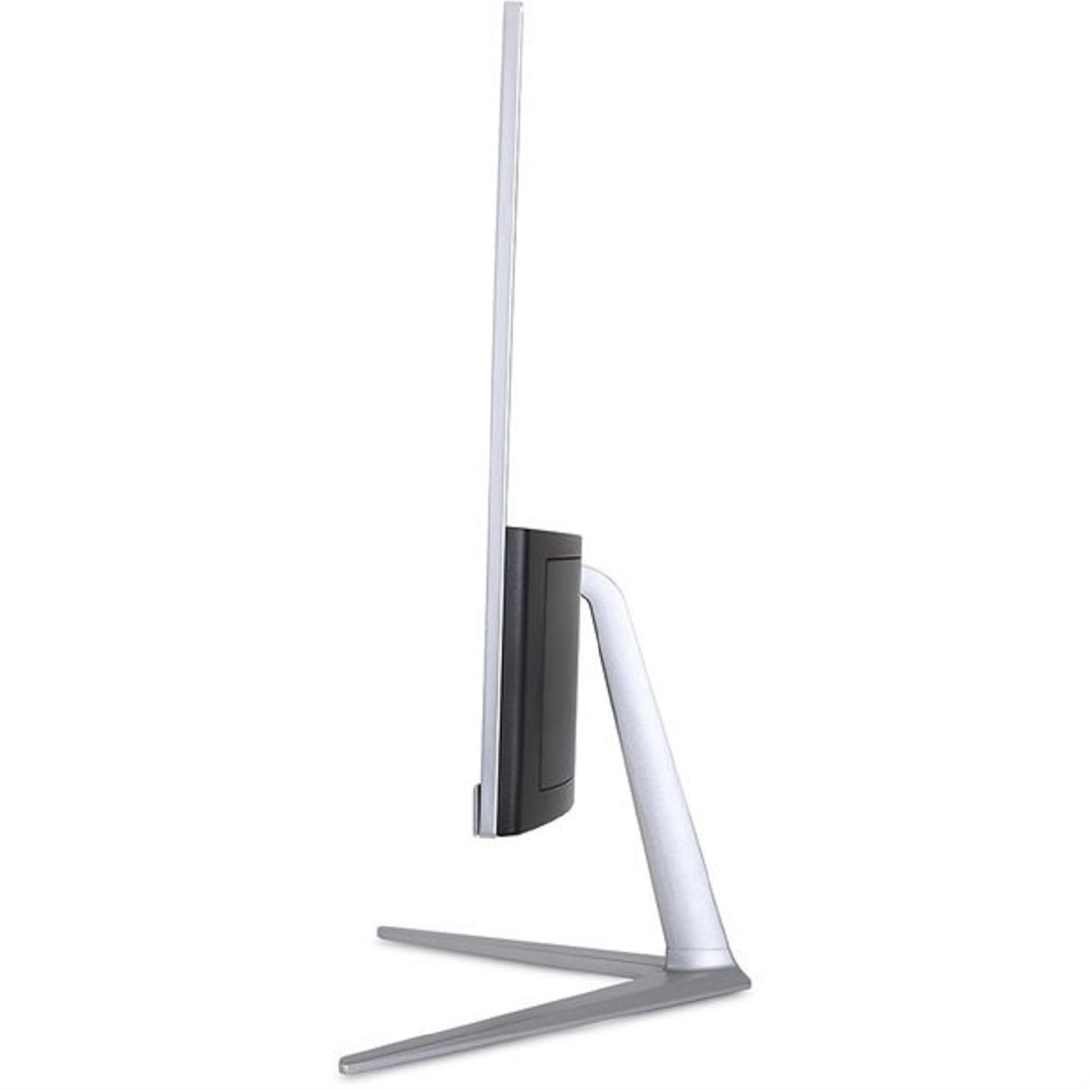 Monitor komputerowy, widok z boku. Monitor ma srebrną podstawę i cienki ekran. Ekran jest czarny.