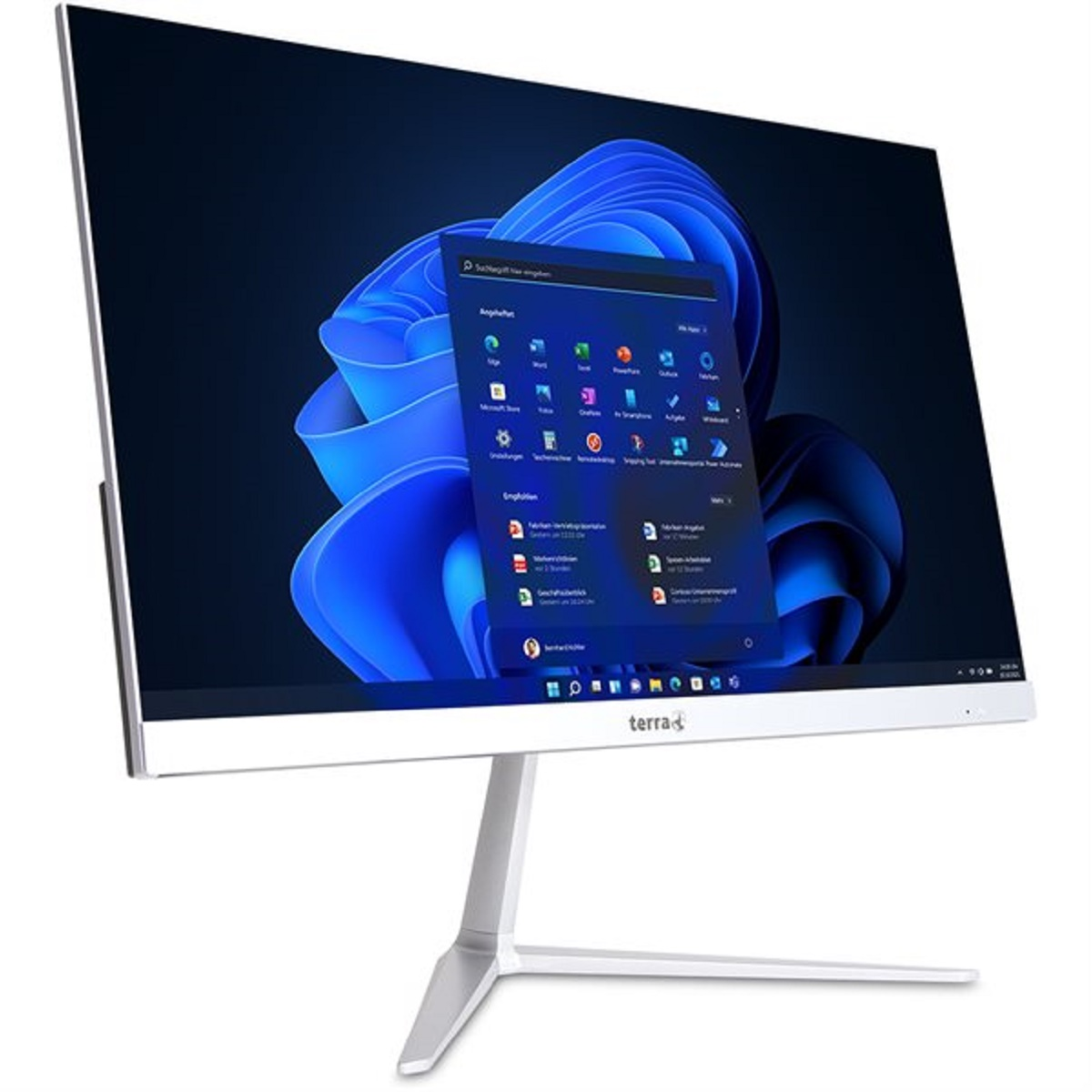 Biały monitor z cienką podstawą, wyświetlający interfejs Windows.