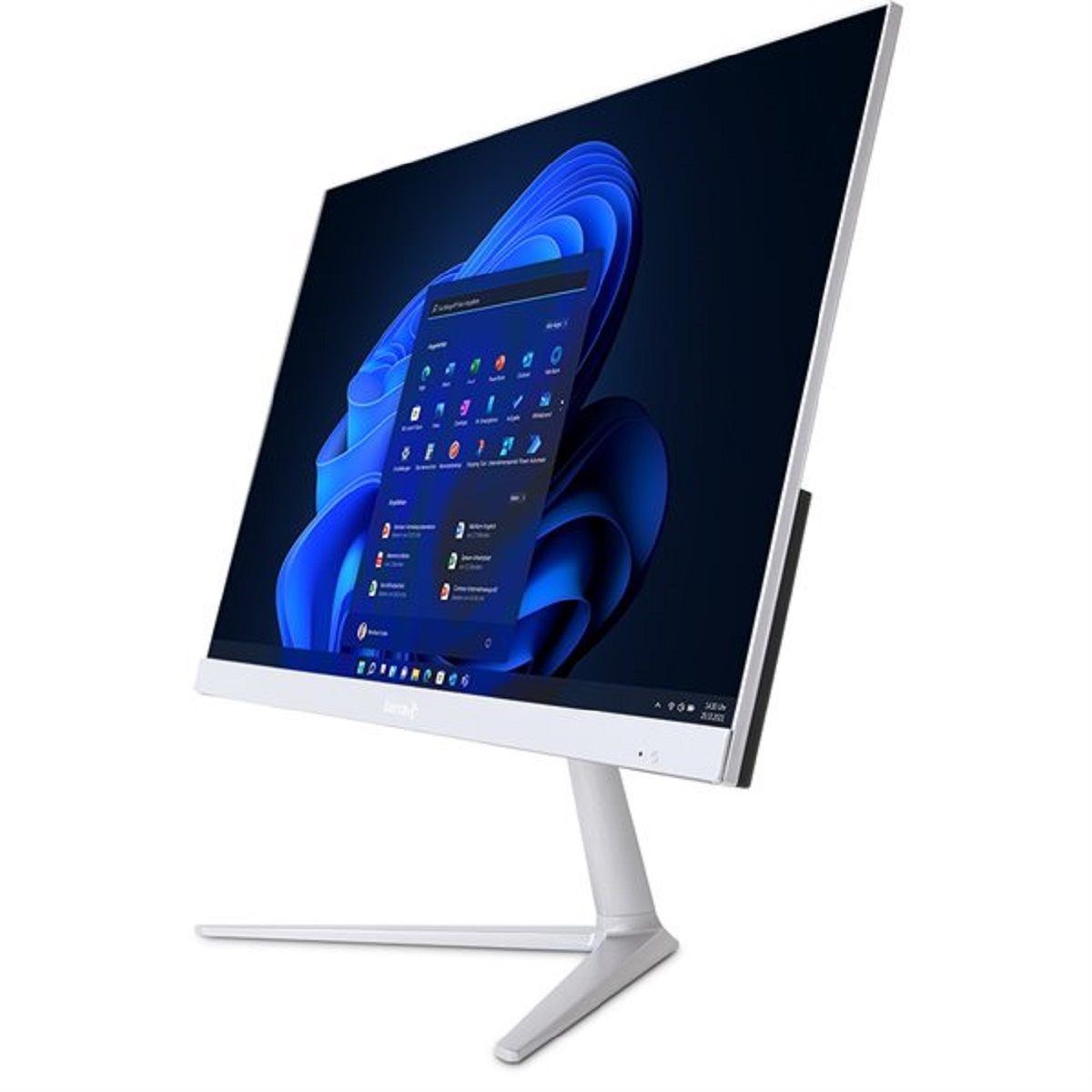 Biały monitor komputera na stojaku. Ekran wyświetla interfejs systemu Windows.