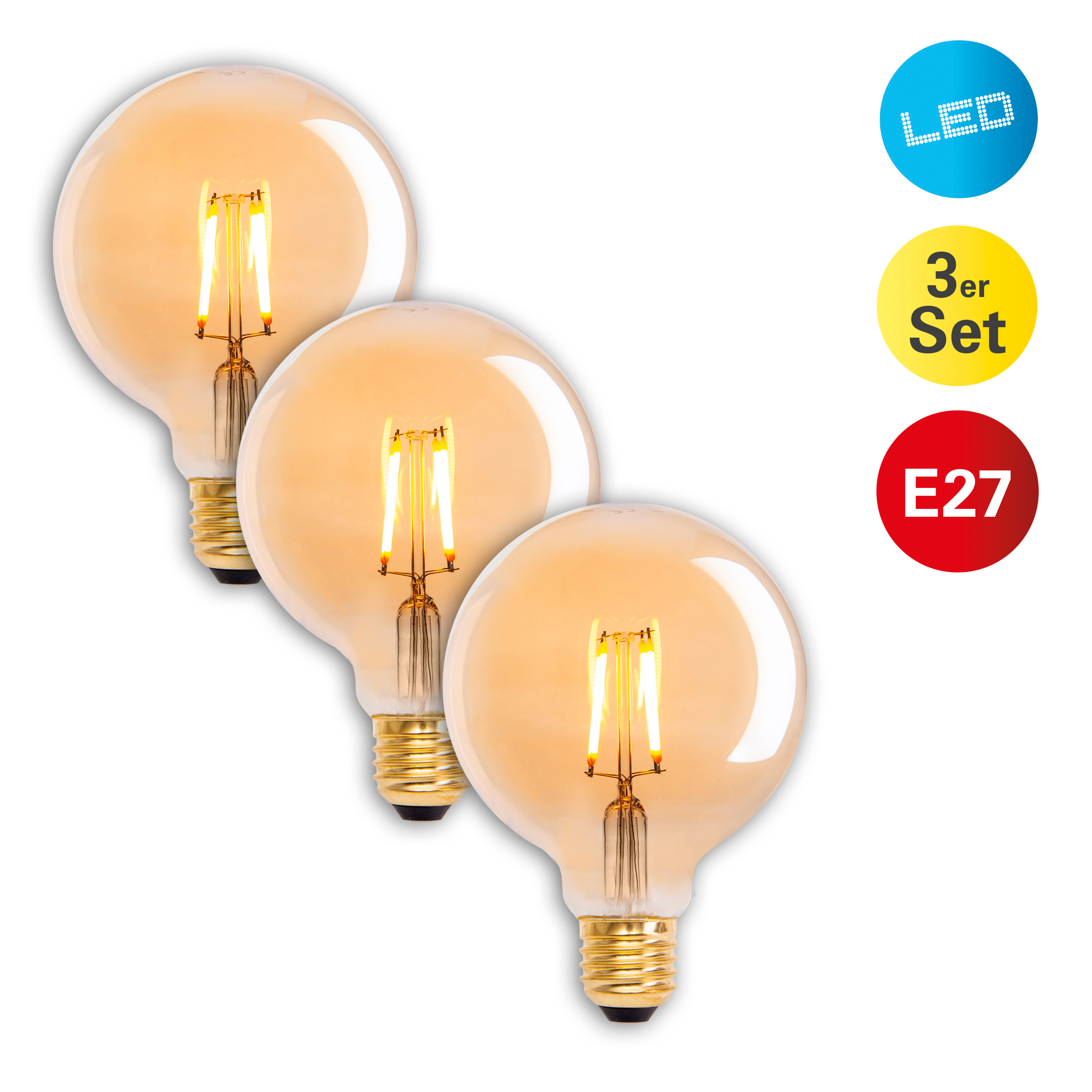 Drei LED-Glühbirnen, runde Form, warmes Leuchten, mit LED, 3er Set, E27 Etiketten.
