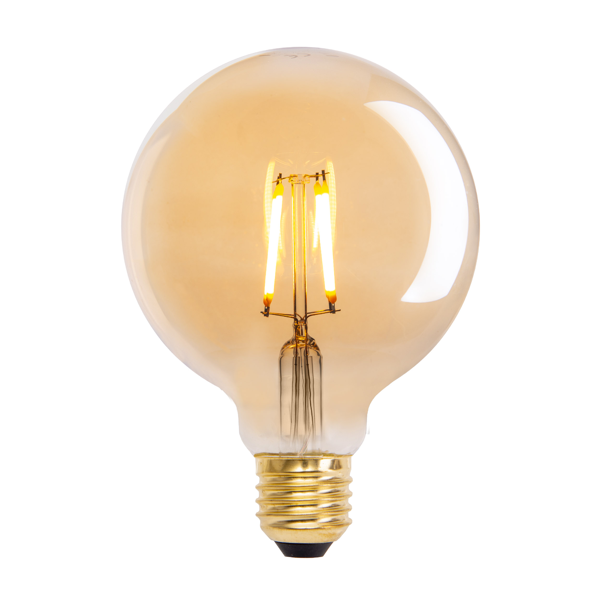 Eine große, runde Edison-Glühbirne mit glühendem Filament. Sie ist goldfarben.