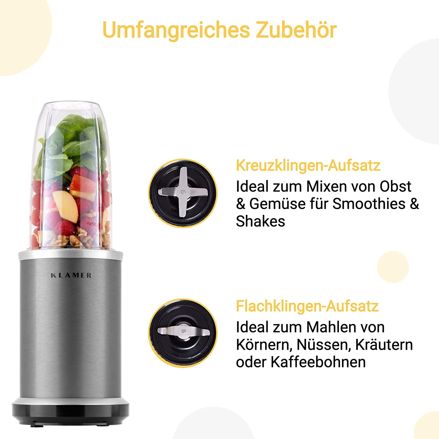 Mixeur avec des fruits à l'intérieur. Deux accessoires sont montrés avec leurs utilisations : mélanger les fruits et moudre.