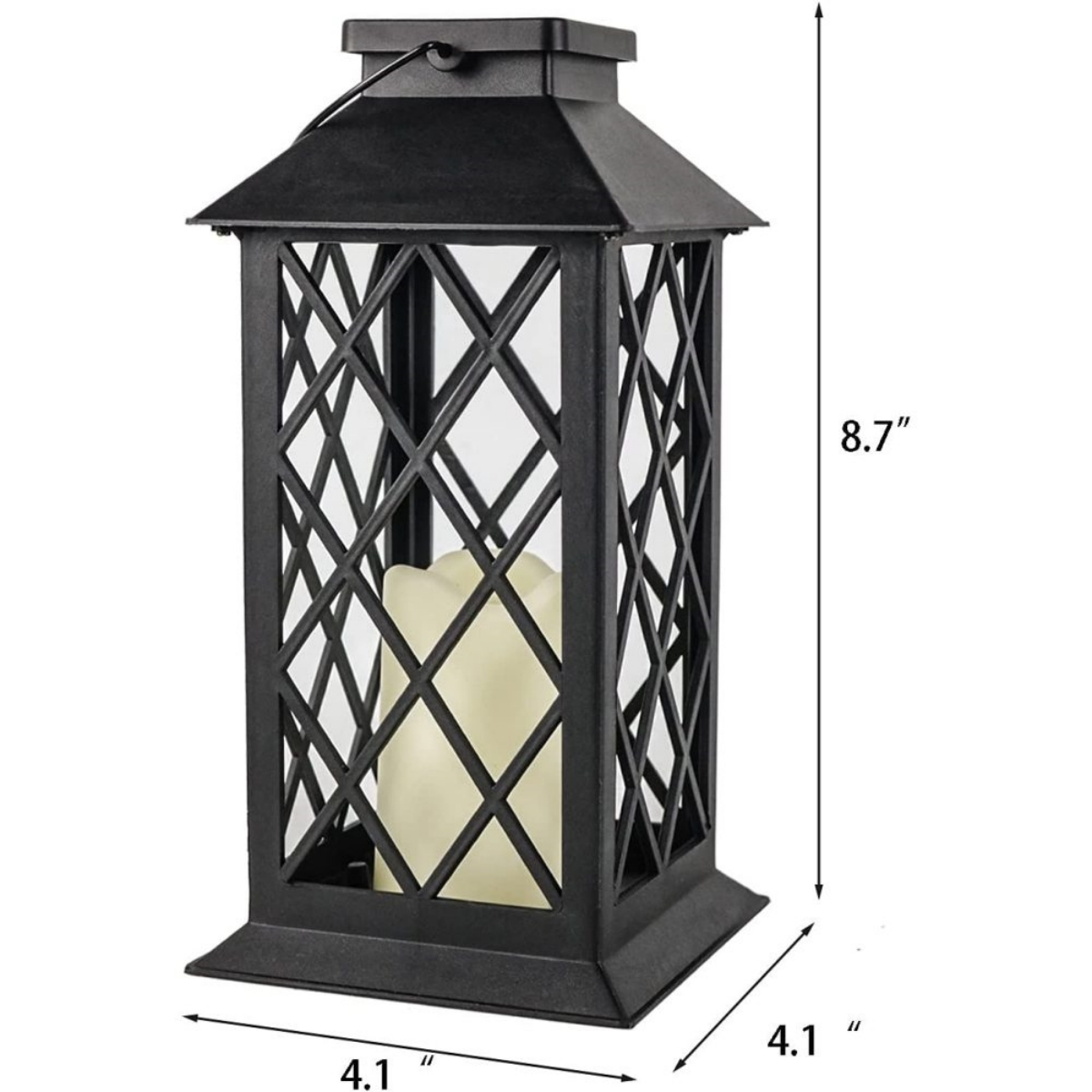 Schwarze Laterne mit Kerze, Abmessungen: 4,1x4,1x8,7 Zoll.