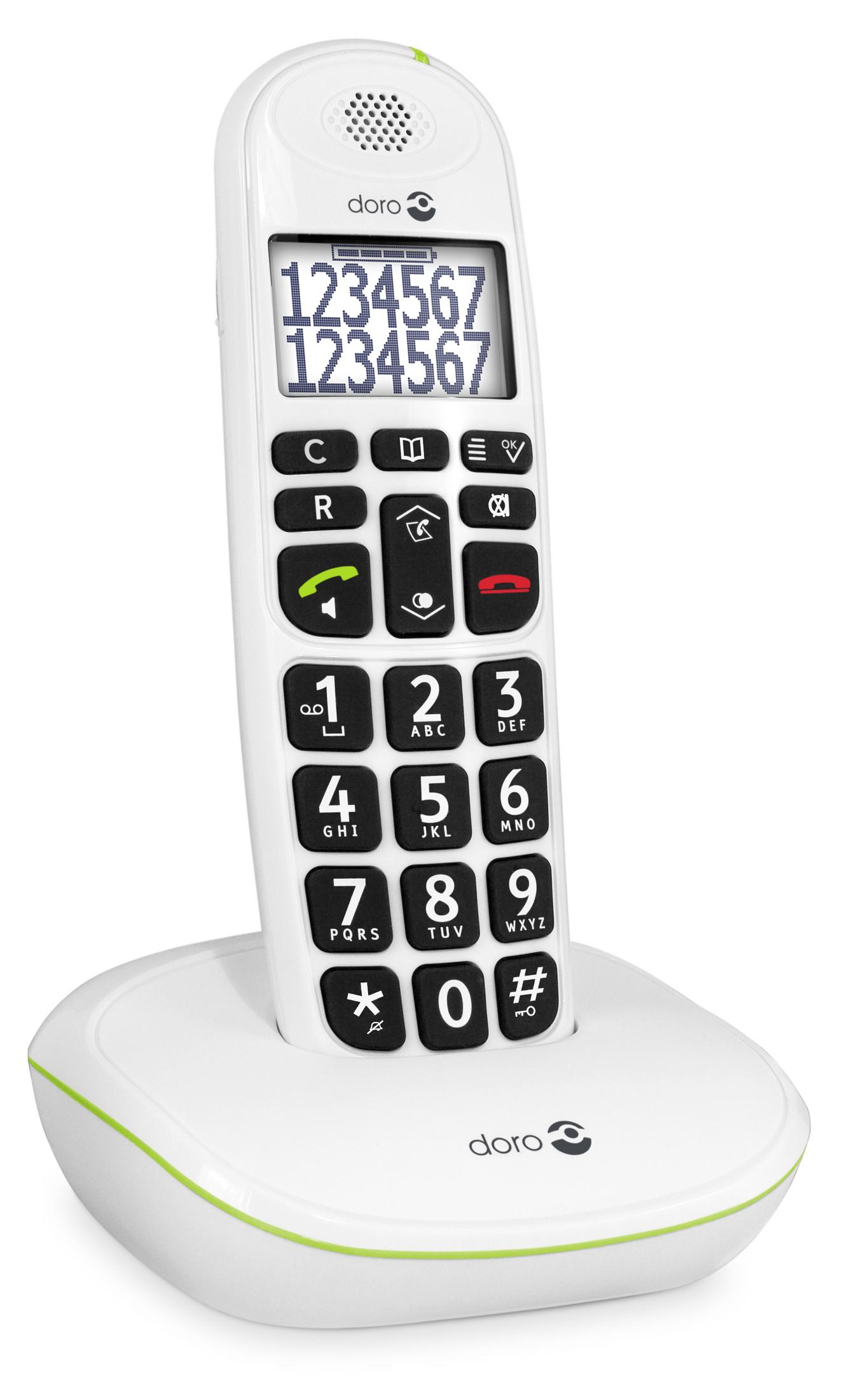Teléfono Doro blanco con botones grandes. Tiene una base, una pantalla y un altavoz. Números y símbolos visibles.