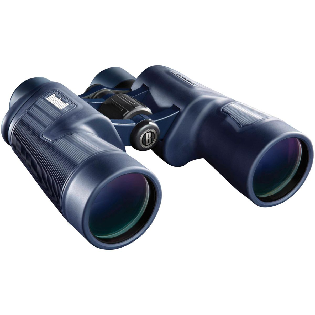 Binocolo Bushnell blu, con rotella di messa a fuoco e lenti. Sfondo bianco.