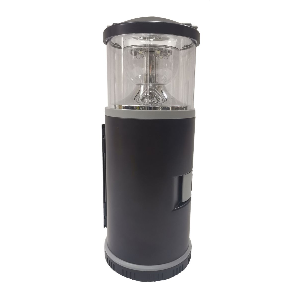Schwarze zylindrische Laterne mit klarem Oberteil. Sie hat einen Griff und interne LED-Leuchten.