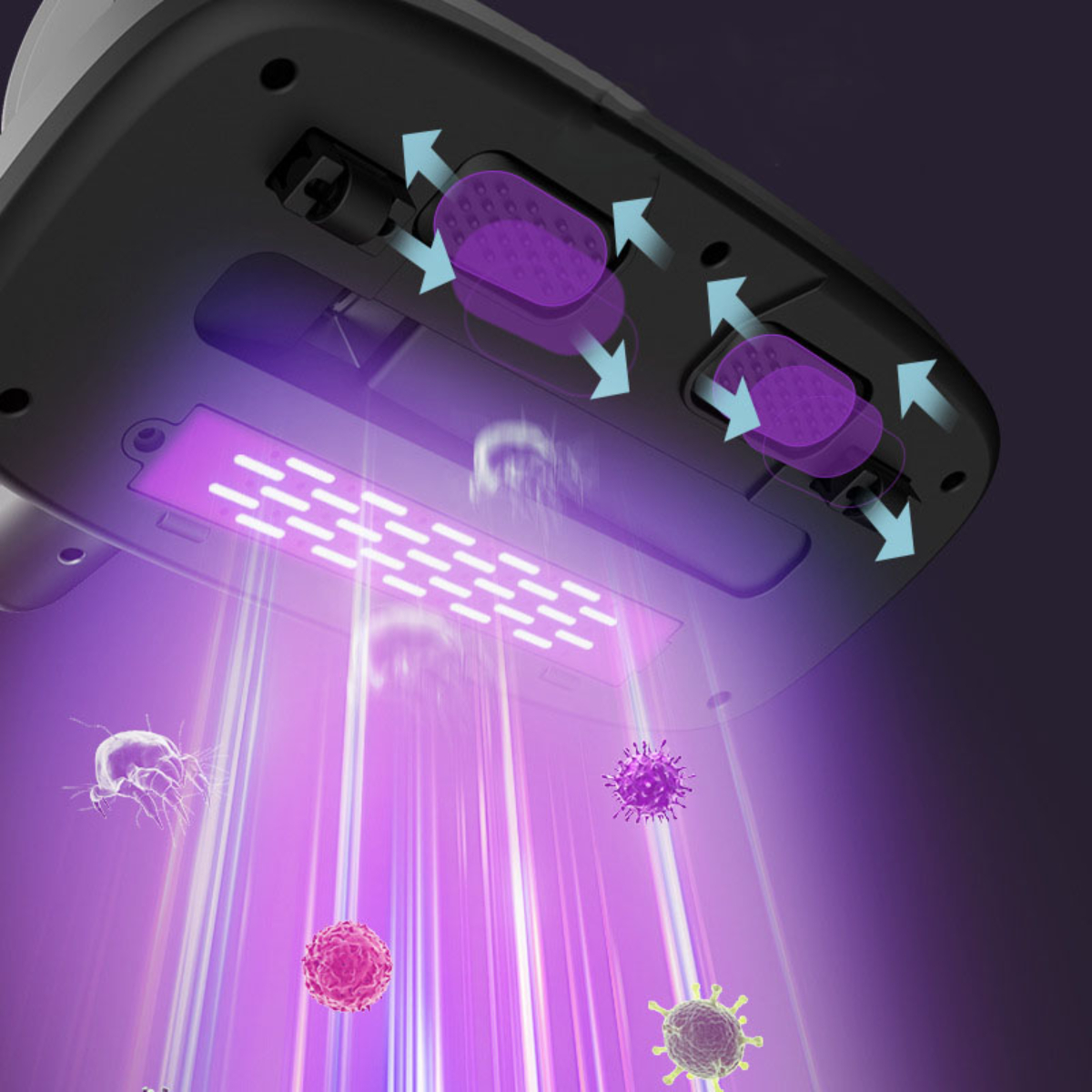Nahaufnahme eines Geräts, das violettes Licht ausstrahlt, mit Keimen in der Luft.