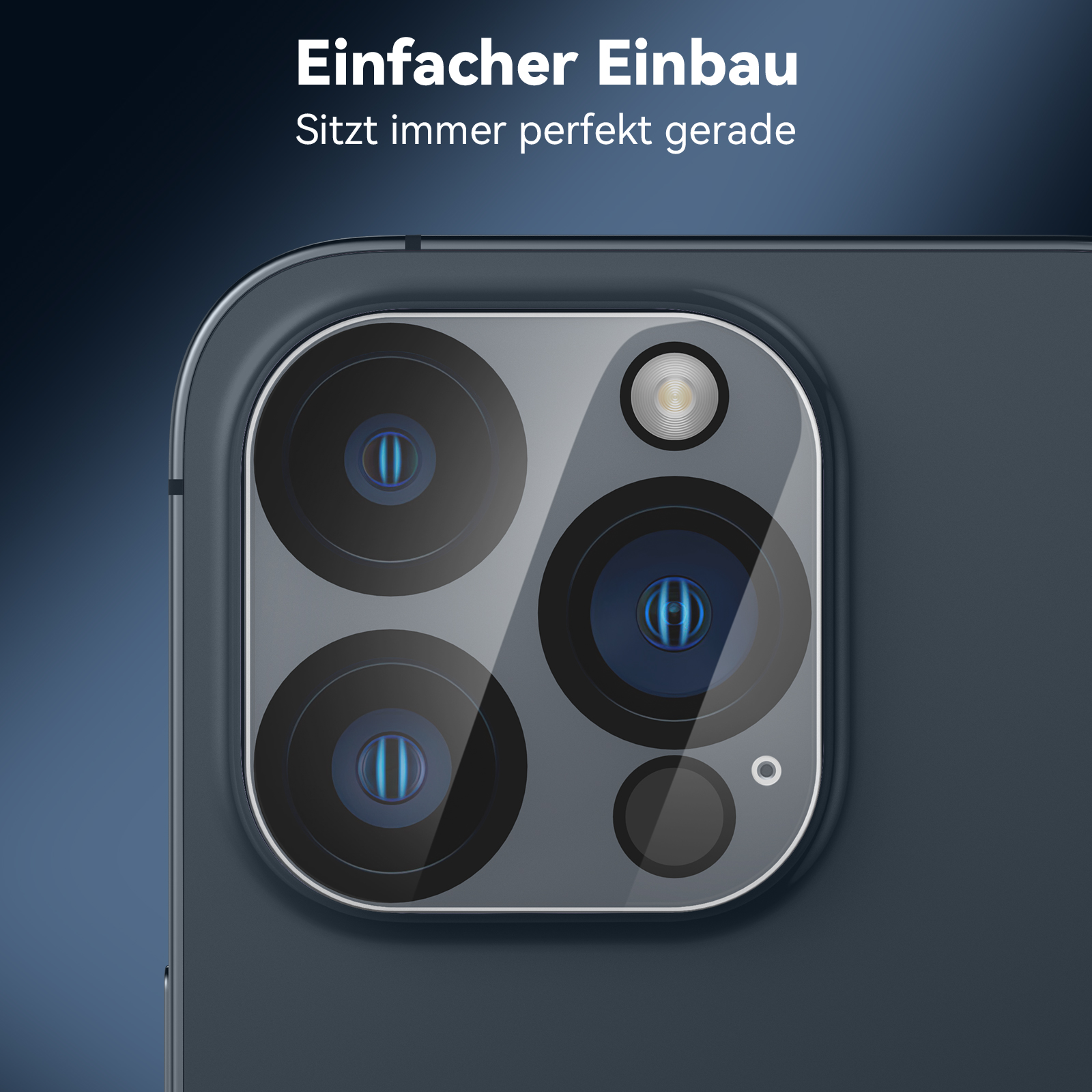 Nahaufnahme der Kameralinsen des Telefons, überlagert mit dem Text