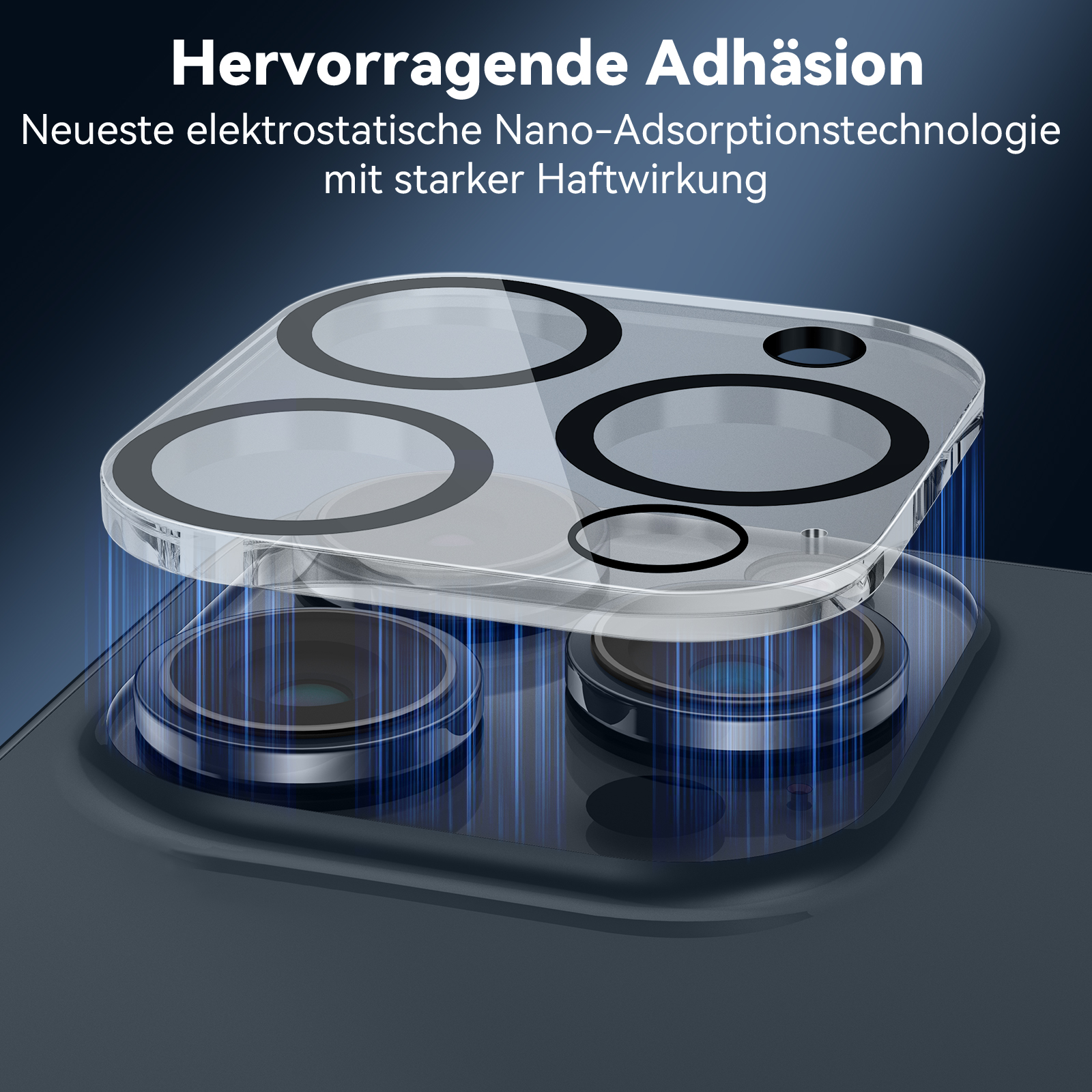 Displayschutzfolie mit Text und blauen Lichtern.