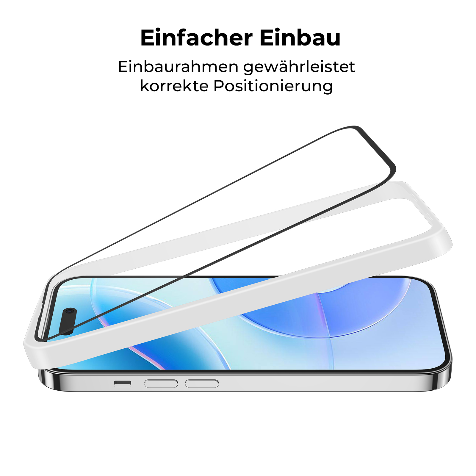 Smartphone-Displayschutz wird installiert, mit Rahmen und Telefon im Bild.