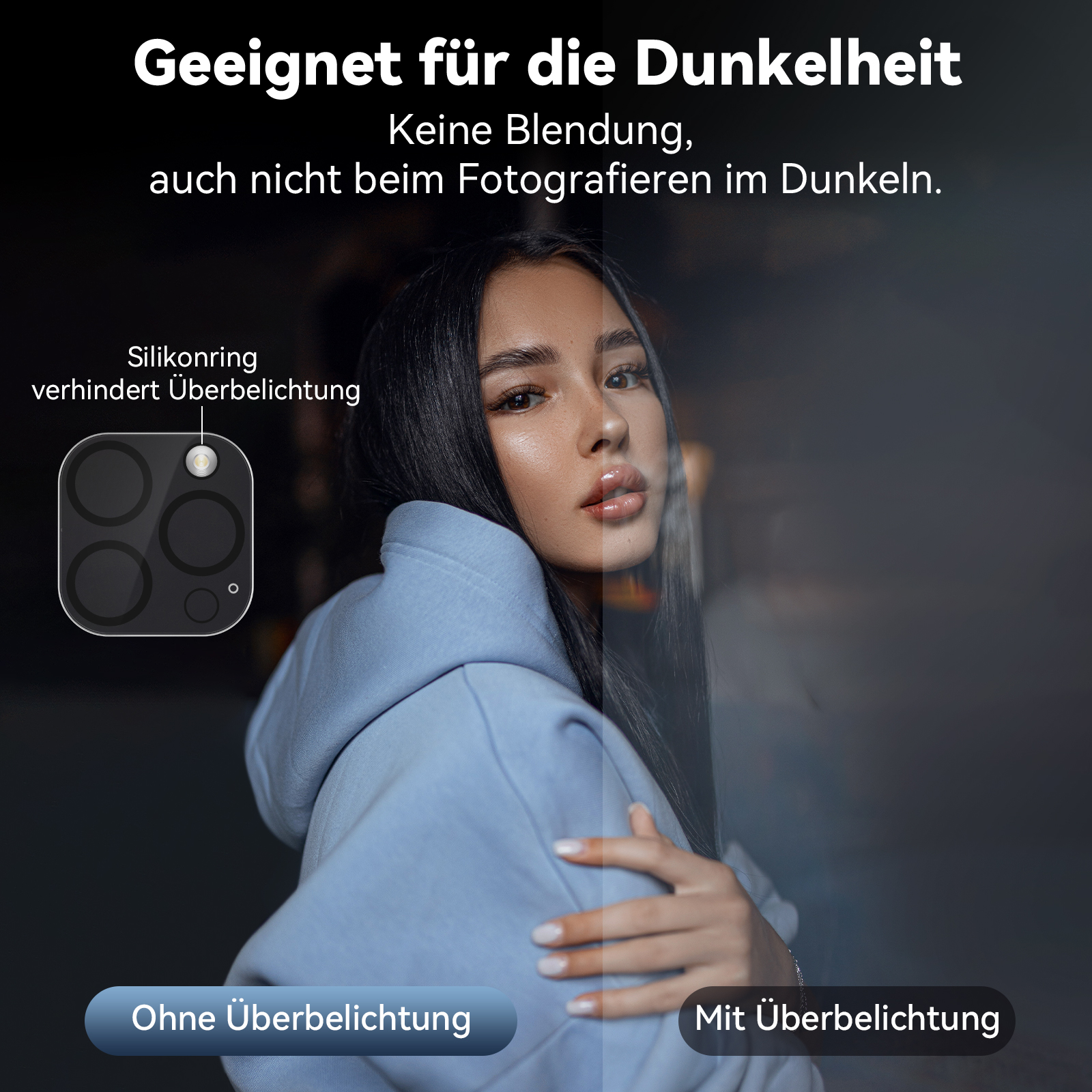 Frau mit blauem Kapuzenpullover. Vergleich der Überbelichtung auf der rechten Seite. Schutzring.