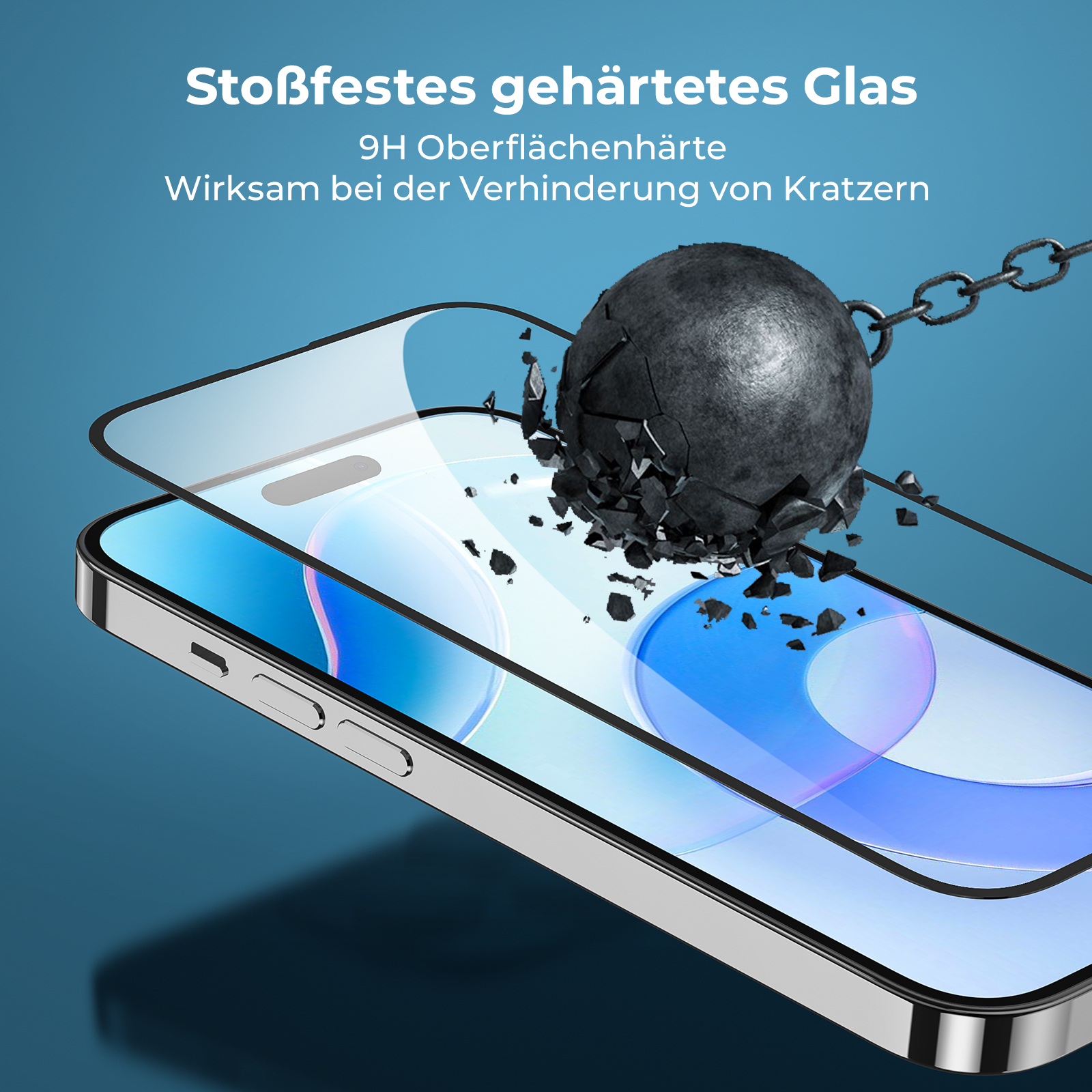 Ein Handyschutz und eine Kugel, die ihn zerschmettert. Text: 'Stoßfestes gehärtetes Glas' und '9H Oberflächenhärte'.
