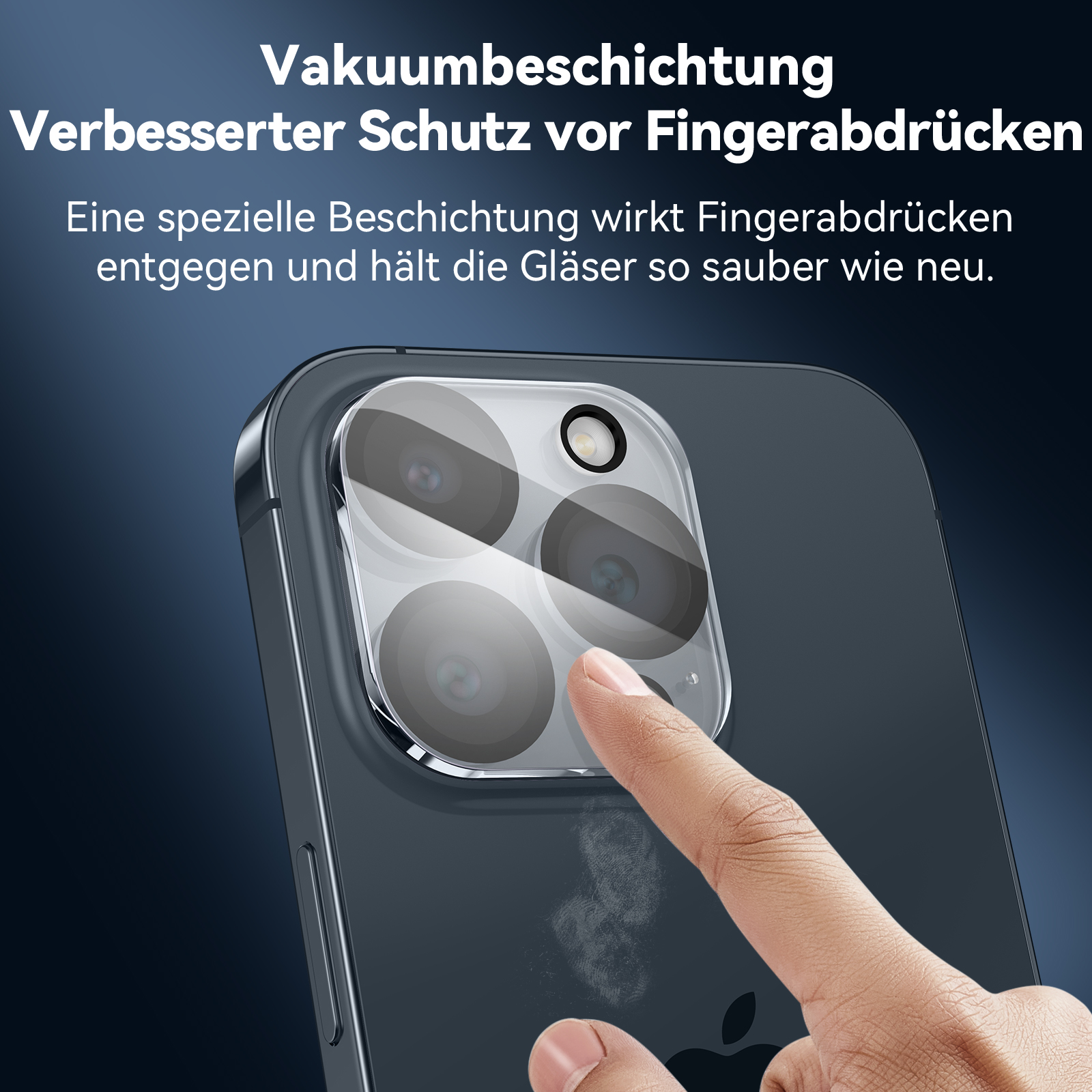 Der Finger einer Person berührt einen Telefonbildschirm. Text über Fingerabdrücke ist oben links.