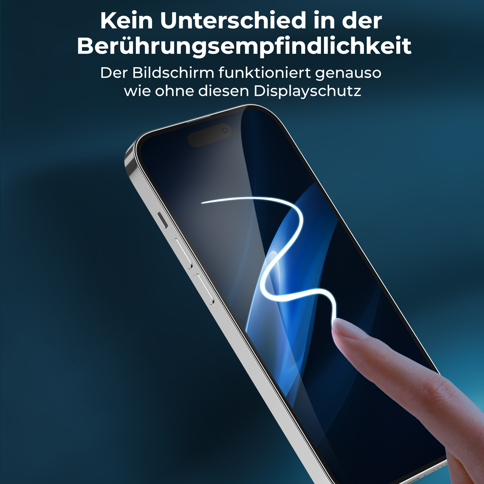 Eine Hand berührt einen Telefonbildschirm mit Displayschutz. Der Text besagt, dass es keinen Unterschied in der Berührungsempfindlichkeit gibt.