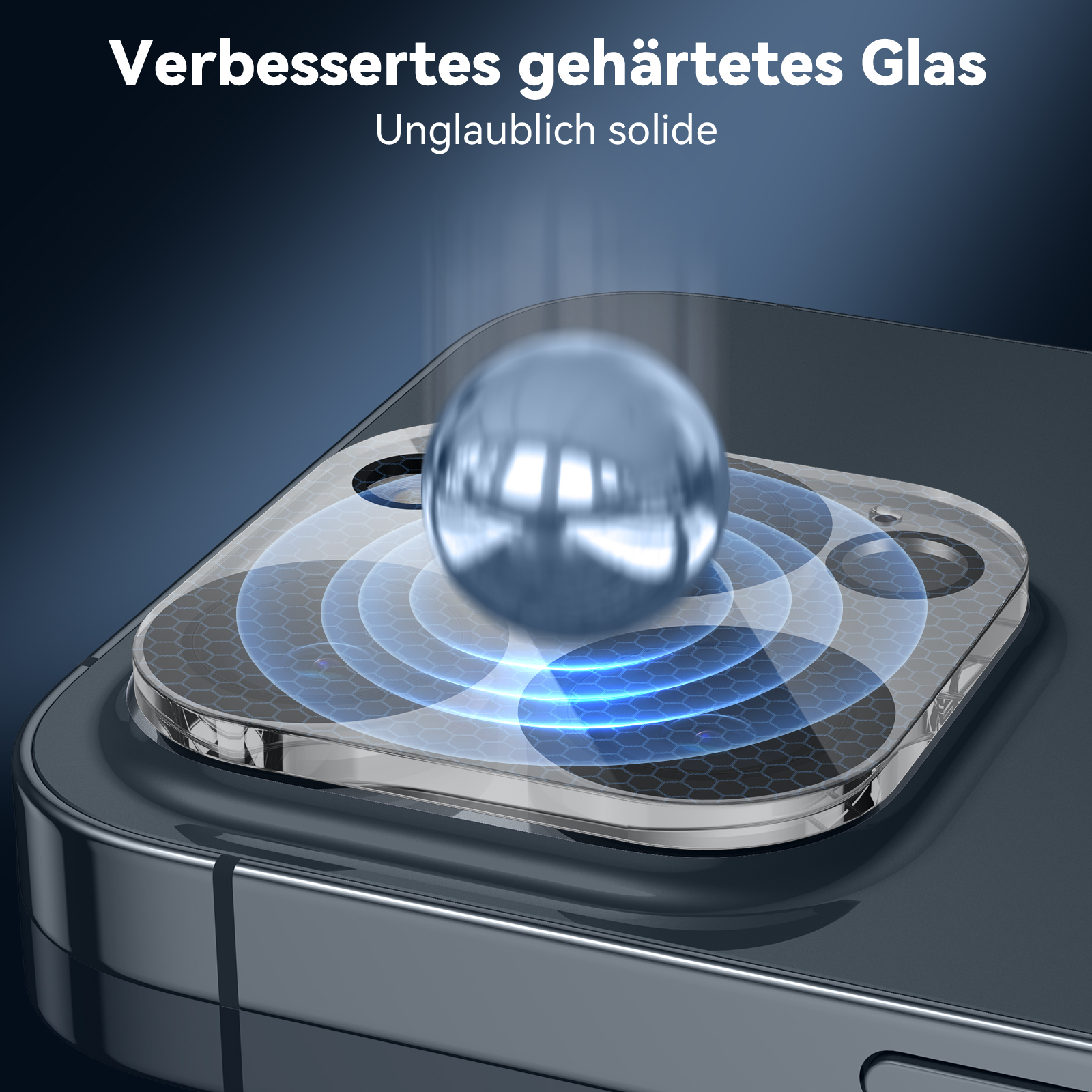 Ein Telefon mit Displayschutz, eine Metallkugel darüber, mit blauen Energiewellen, die vom Telefon ausgehen.