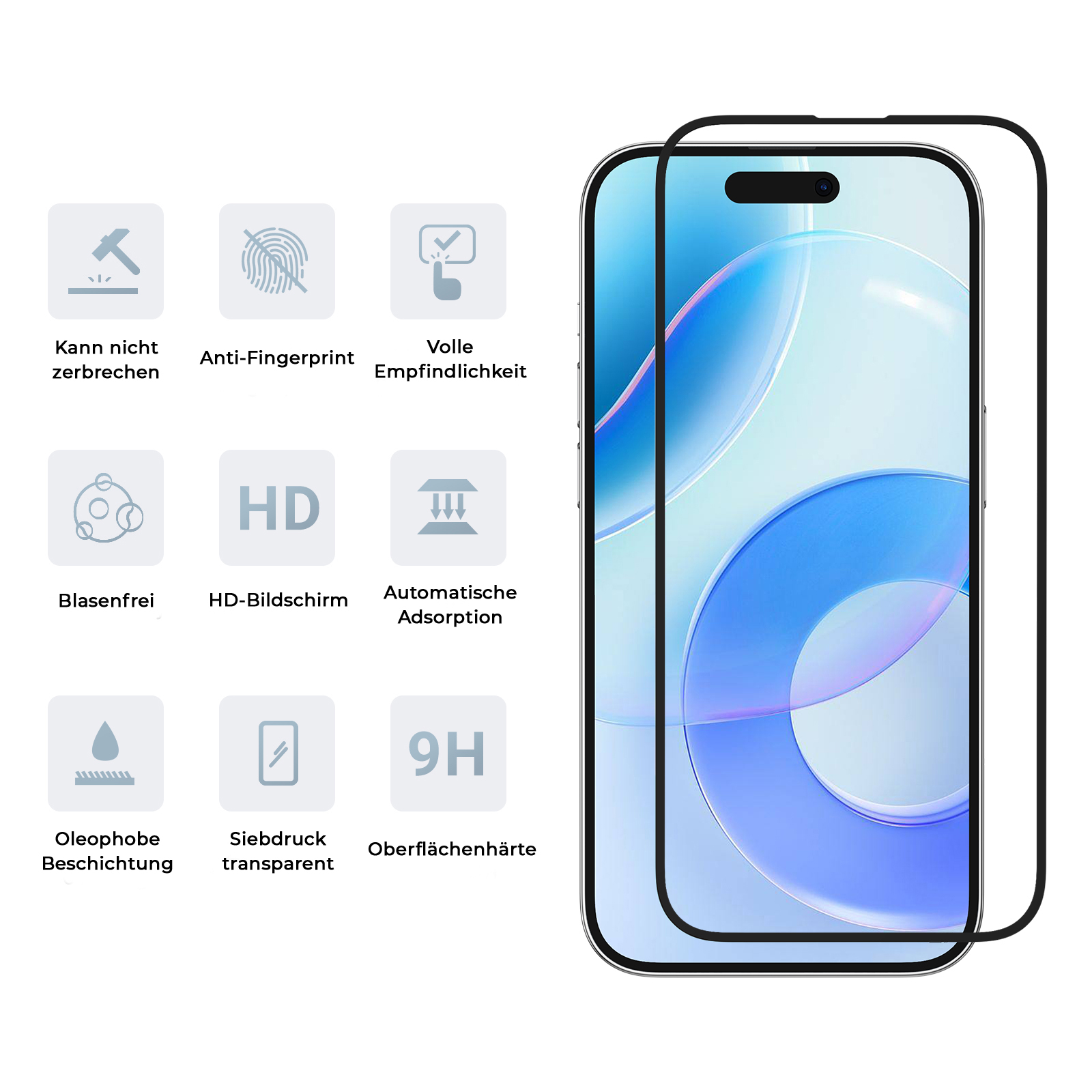 Ein Telefon mit angebrachtem Displayschutz und Symbolen, die Funktionen anzeigen.