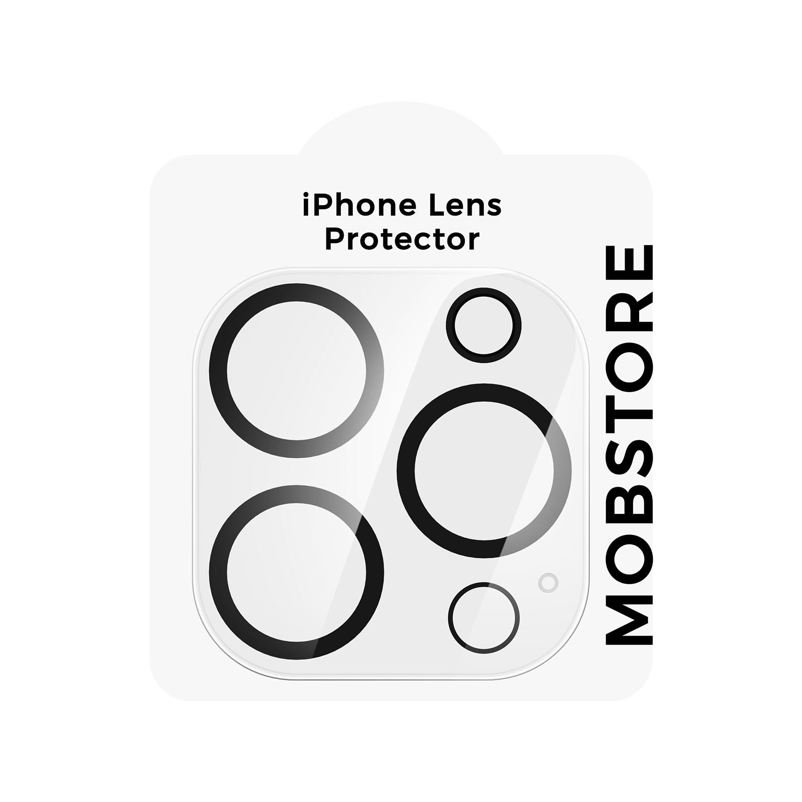 Ein iPhone-Linsenschutz mit vier schwarzen Kreisen. Die Beschriftung lautet 'iPhone-Linsenschutz' und 'MOBSTORE'.