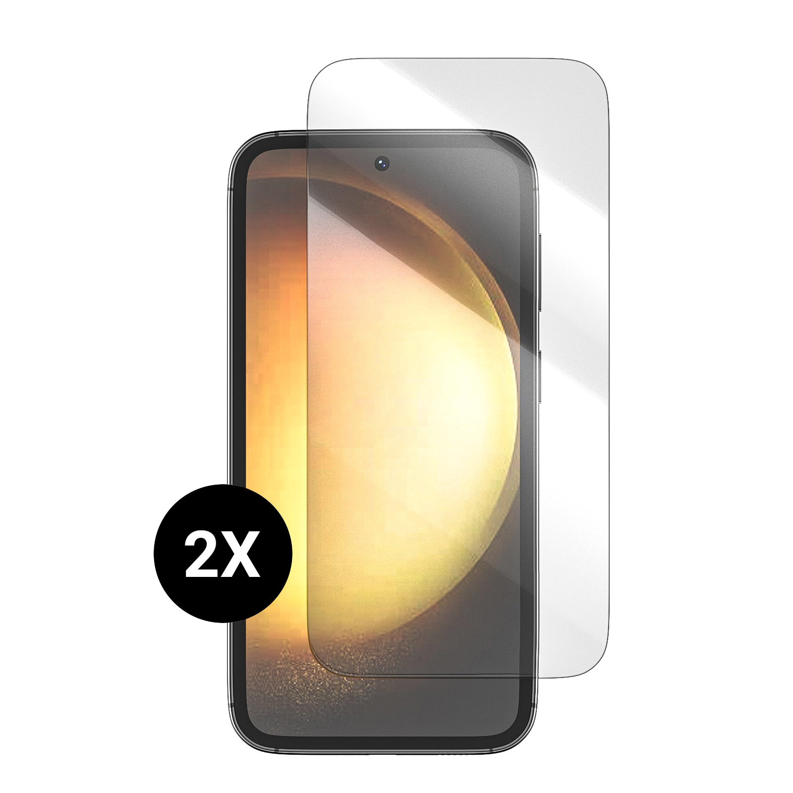 Ein Telefon mit zwei Displayschutzfolien und einem 2X-Etikett.