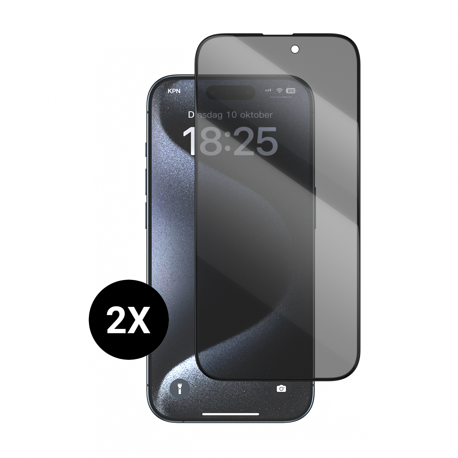 Telefon mit dunklem Displayschutz. Zeit: 18:25. Schutzfolie dunkel. Weißer Hintergrund.