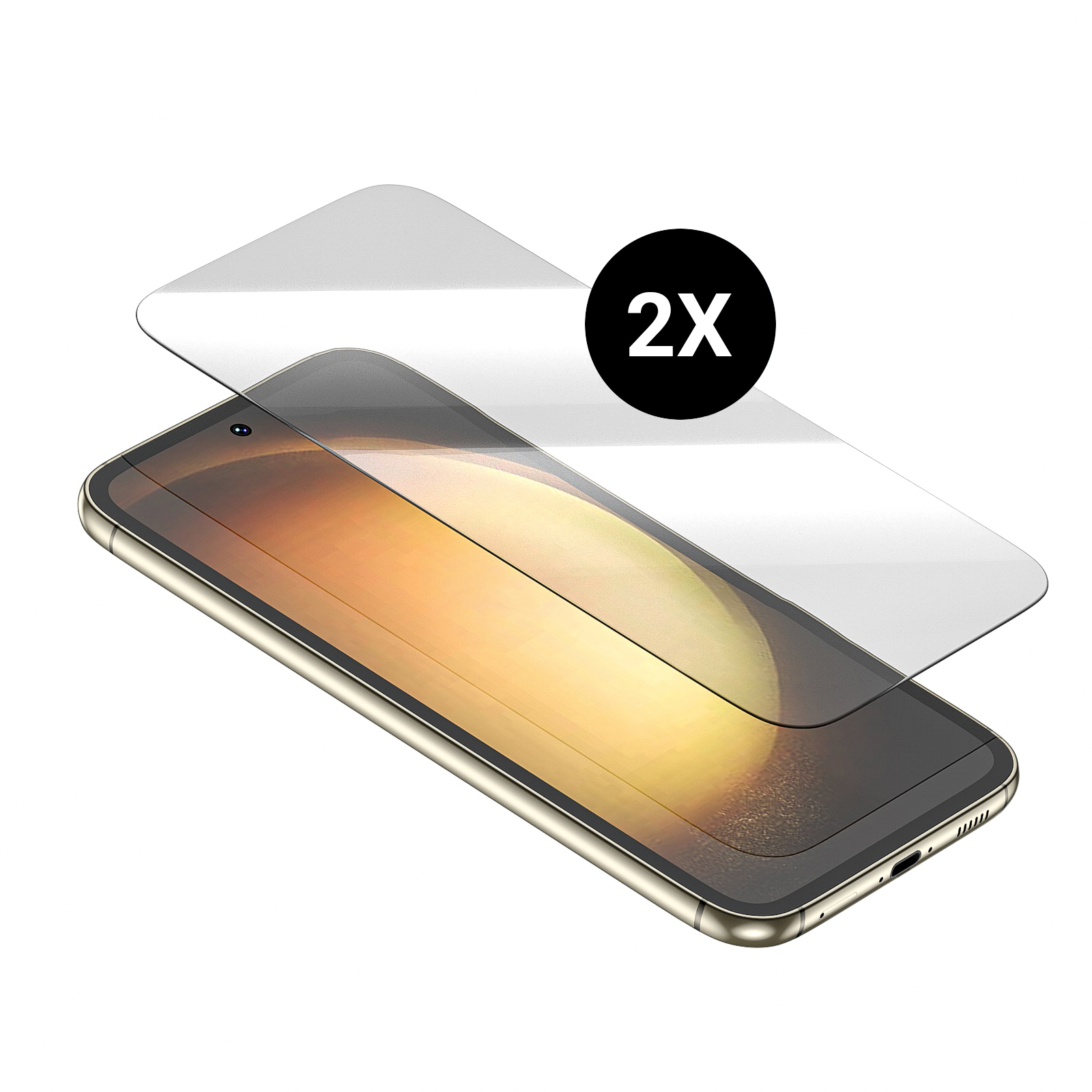 Zwei Displayschutzfolien auf einem Telefon. Die Worte '2X' stehen in einem Kreis.