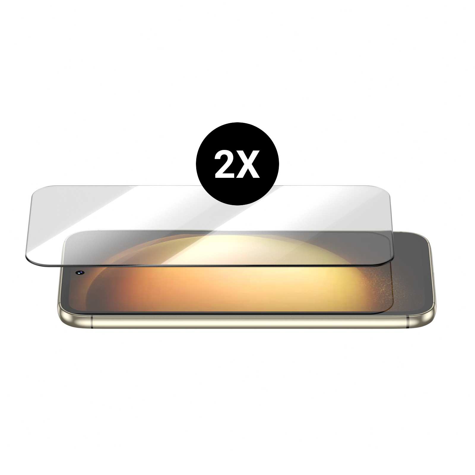 Zwei Displayschutzfolien für ein Telefon, über einem goldfarbenen Smartphone.