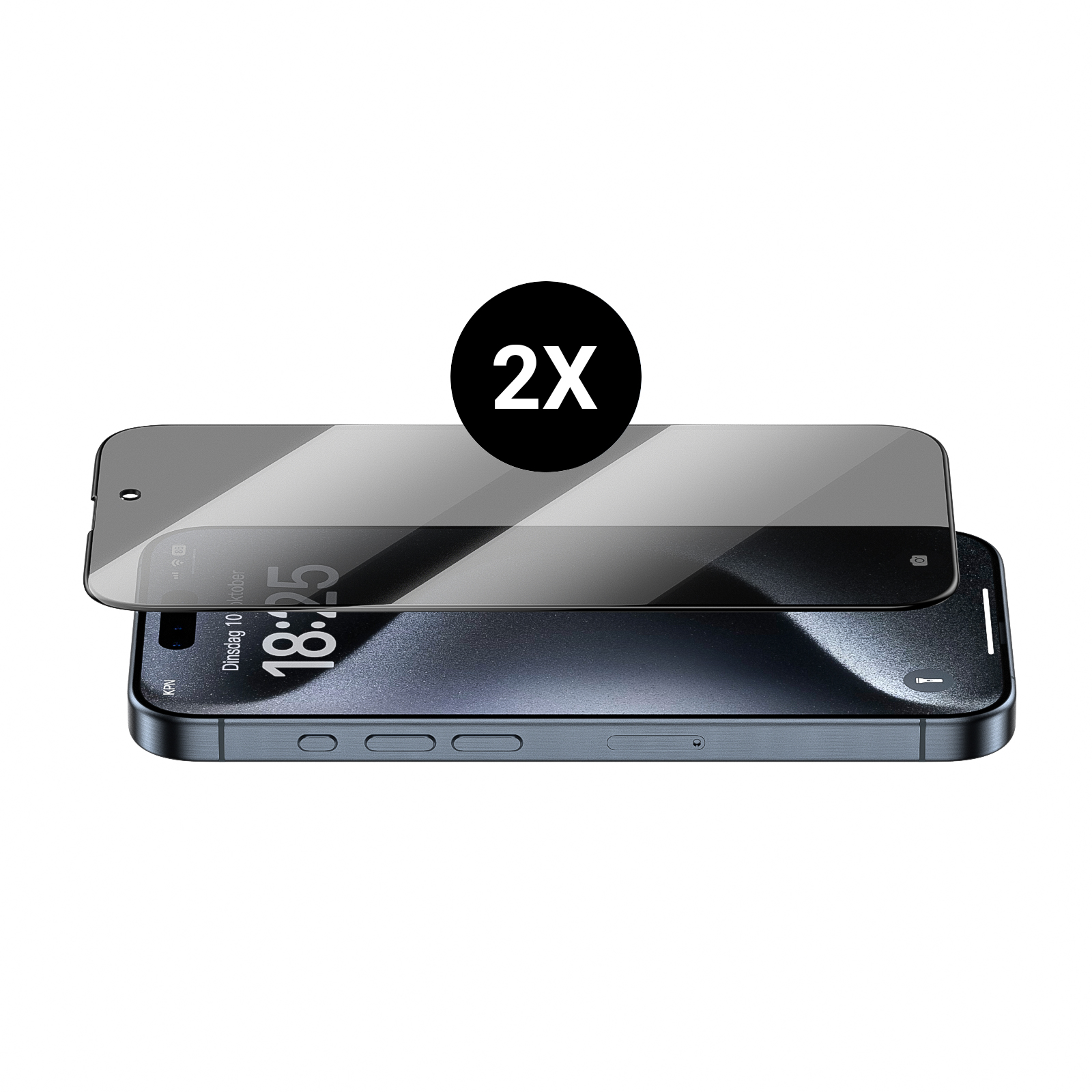 Telefon mit Displayschutzfolie. Folie liegt darüber, zeigt den Bildschirm. Kreis mit '2X'.