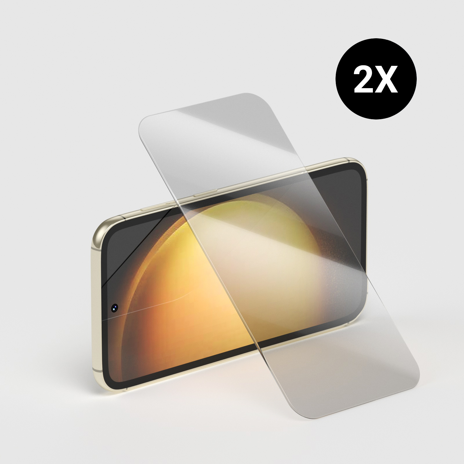 Ein Telefon mit Displayschutzfolie und einem '2X'-Etikett.