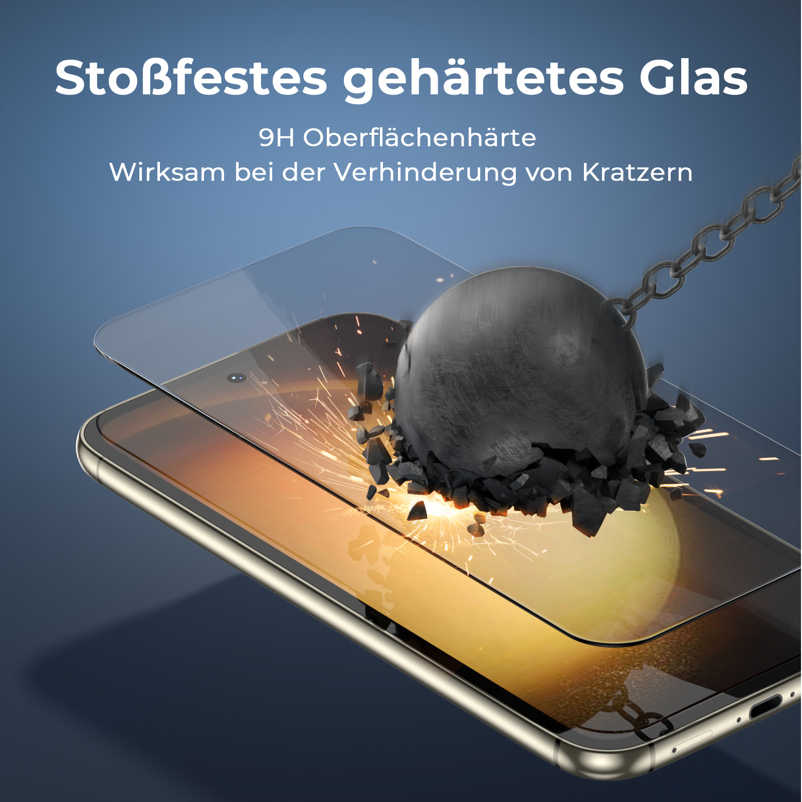 Ein Displayschutz für ein Telefon mit einem Ball, der ihn zerschlägt. Text oben auf Deutsch.