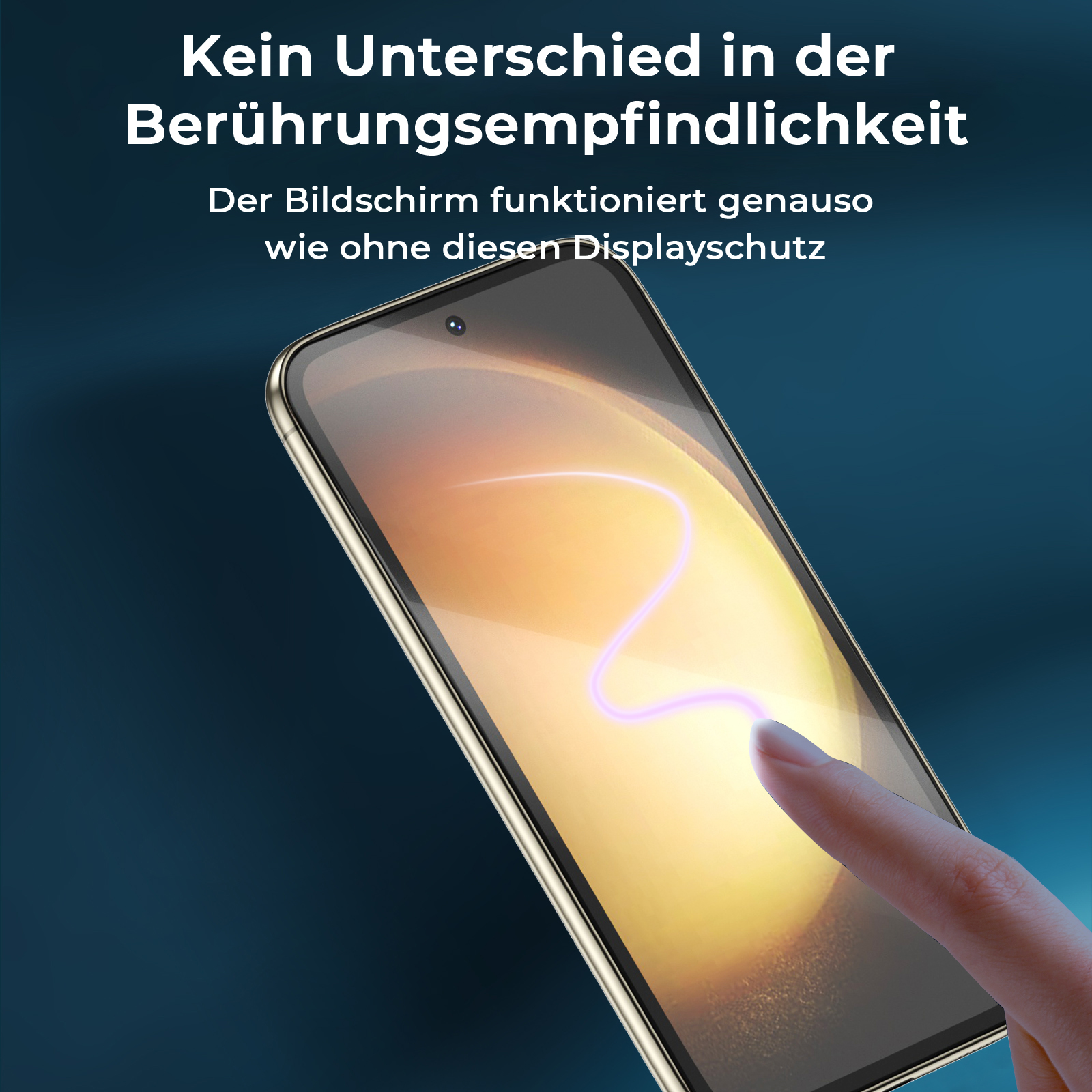 Telefonbildschirm mit Fingerberührung. Text: Kein Unterschied in der Berührungsempfindlichkeit.