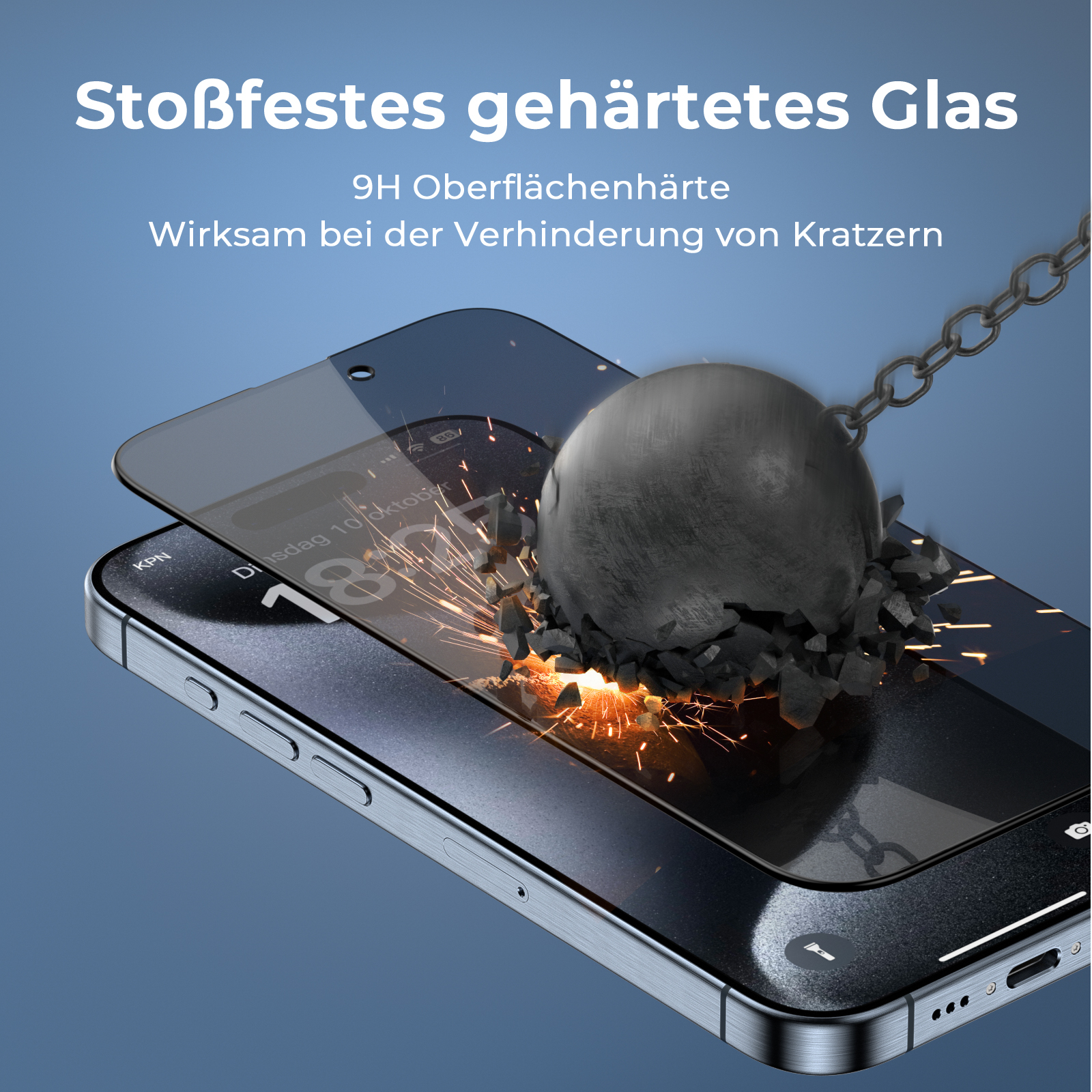 Ein Telefonbildschirm mit einer Schutzfolie, der von einer Kugel getroffen wird.