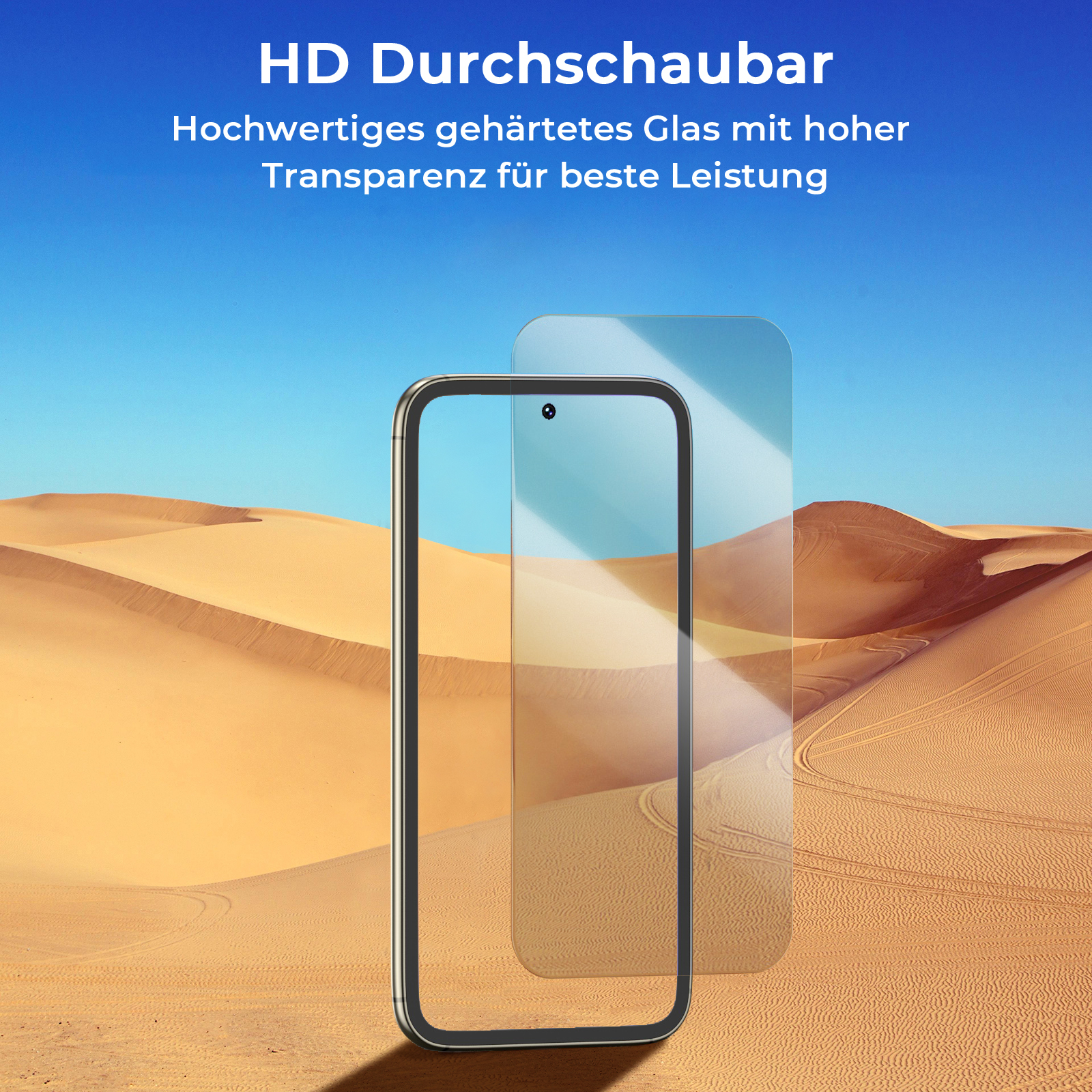 Ein Telefon mit Displayschutzfolie vor einer Wüstenlandschaft.