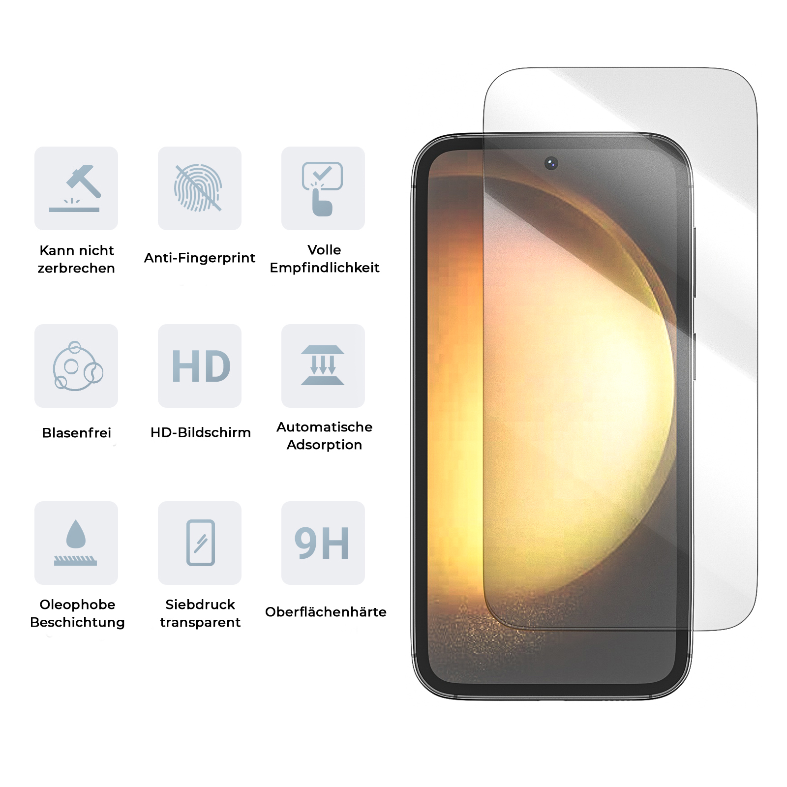 Ein Displayschutz und ein Telefon. Der Schutz hat Symbole und deutschen Text. Das Telefon befindet sich auf weißem Hintergrund.