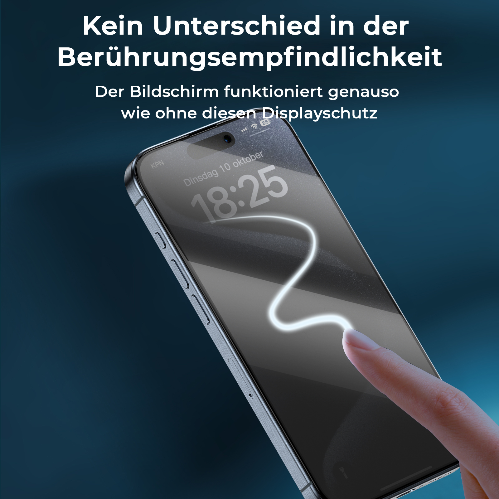Telefonbildschirm mit Uhrzeit, mit Fingerberührung und Text zur Bildschirmempfindlichkeit.