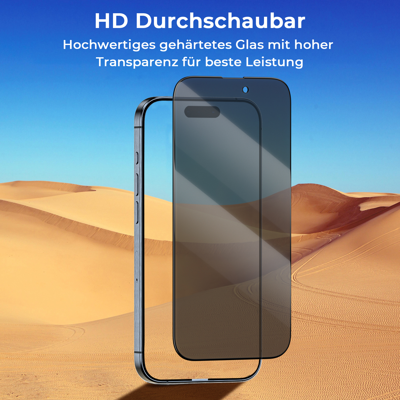 Ein Telefon mit Displayschutz in einer Wüstenlandschaft. Der Schutz ist transparent und installiert.