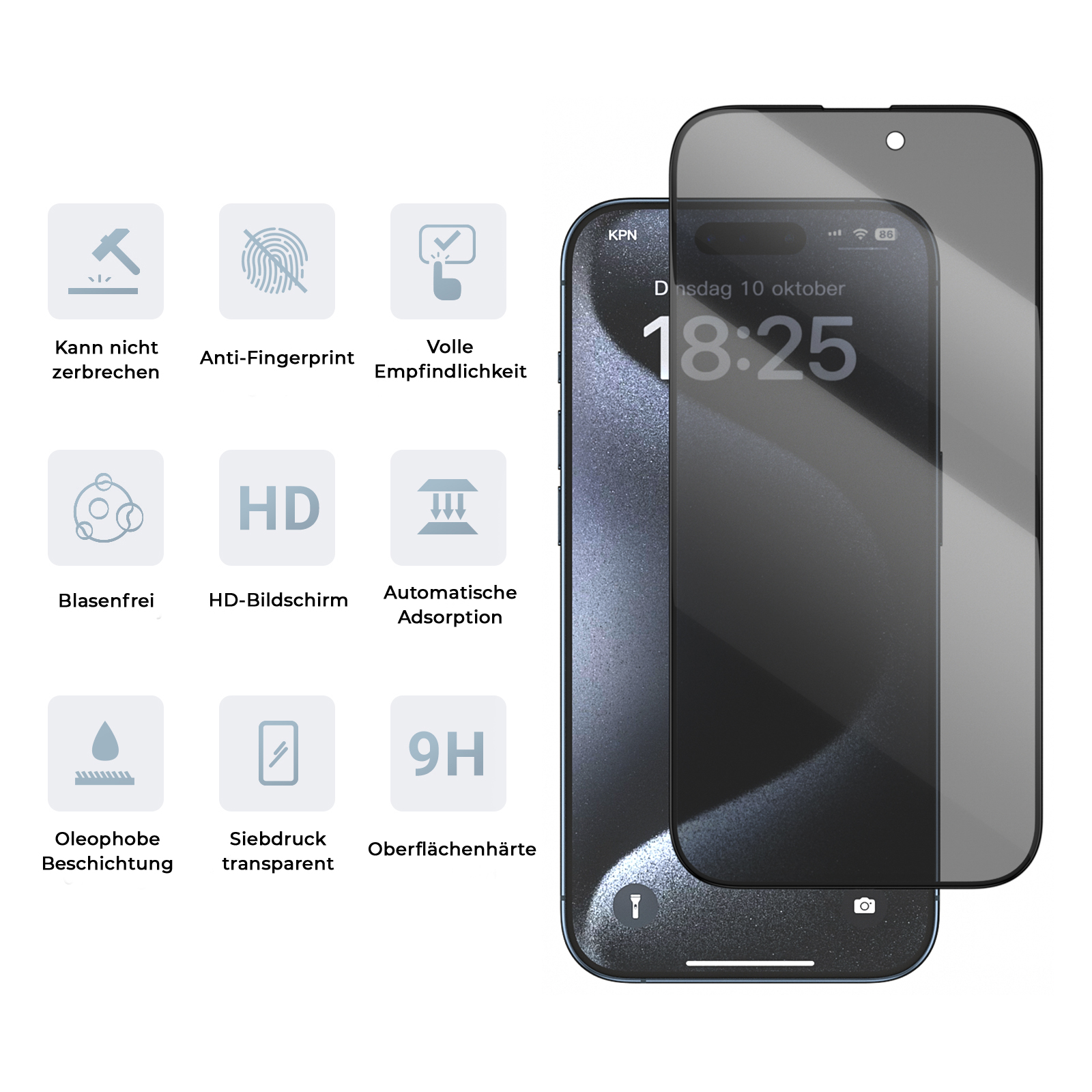 Ein Displayschutz für Telefone mit Symbolen und einem Telefon, das Zeit und Datum anzeigt.