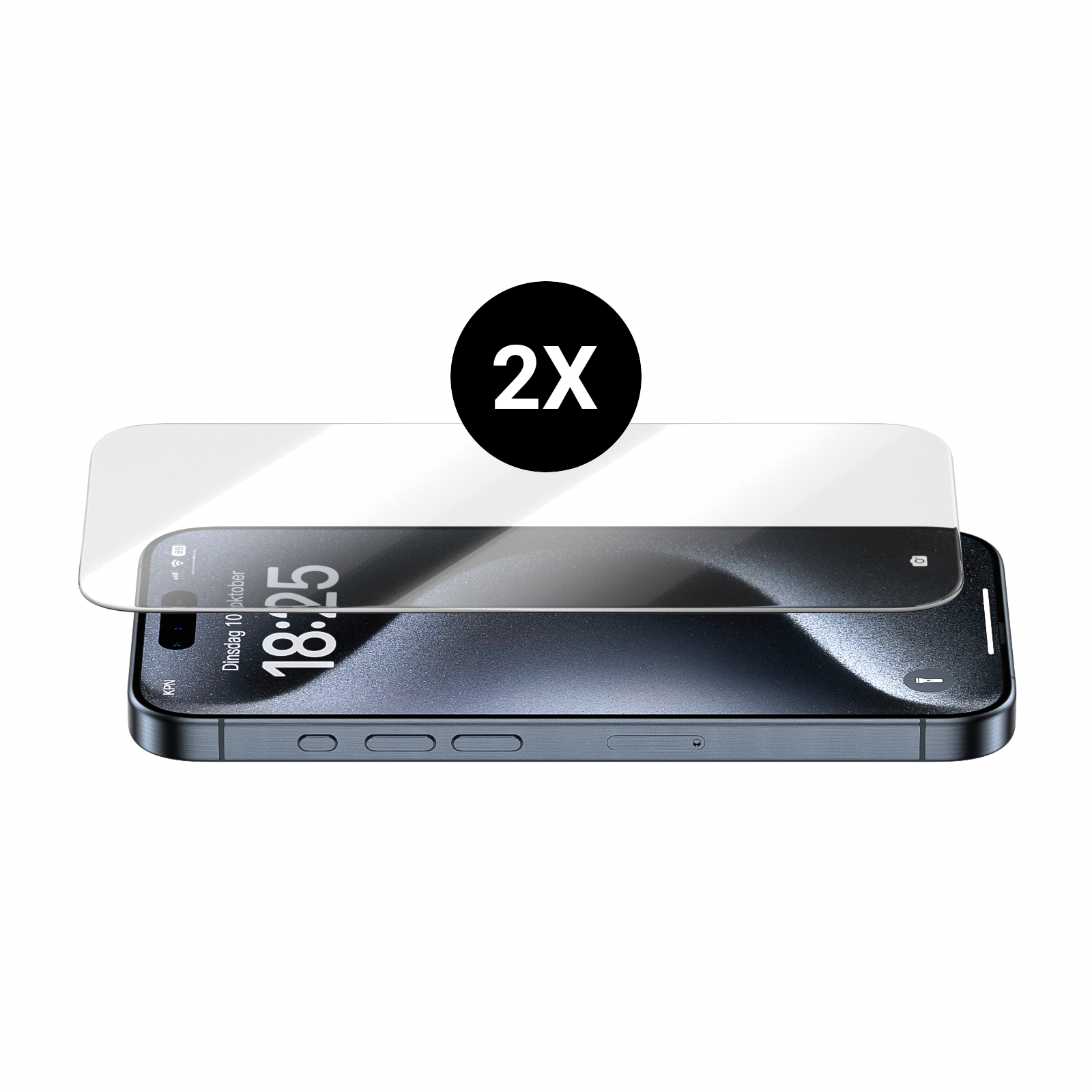 Zwei Displayschutzfolien auf einem Telefon. Telefon ist vorne. Schwarzer Kreis mit 2X. Weißer Hintergrund.