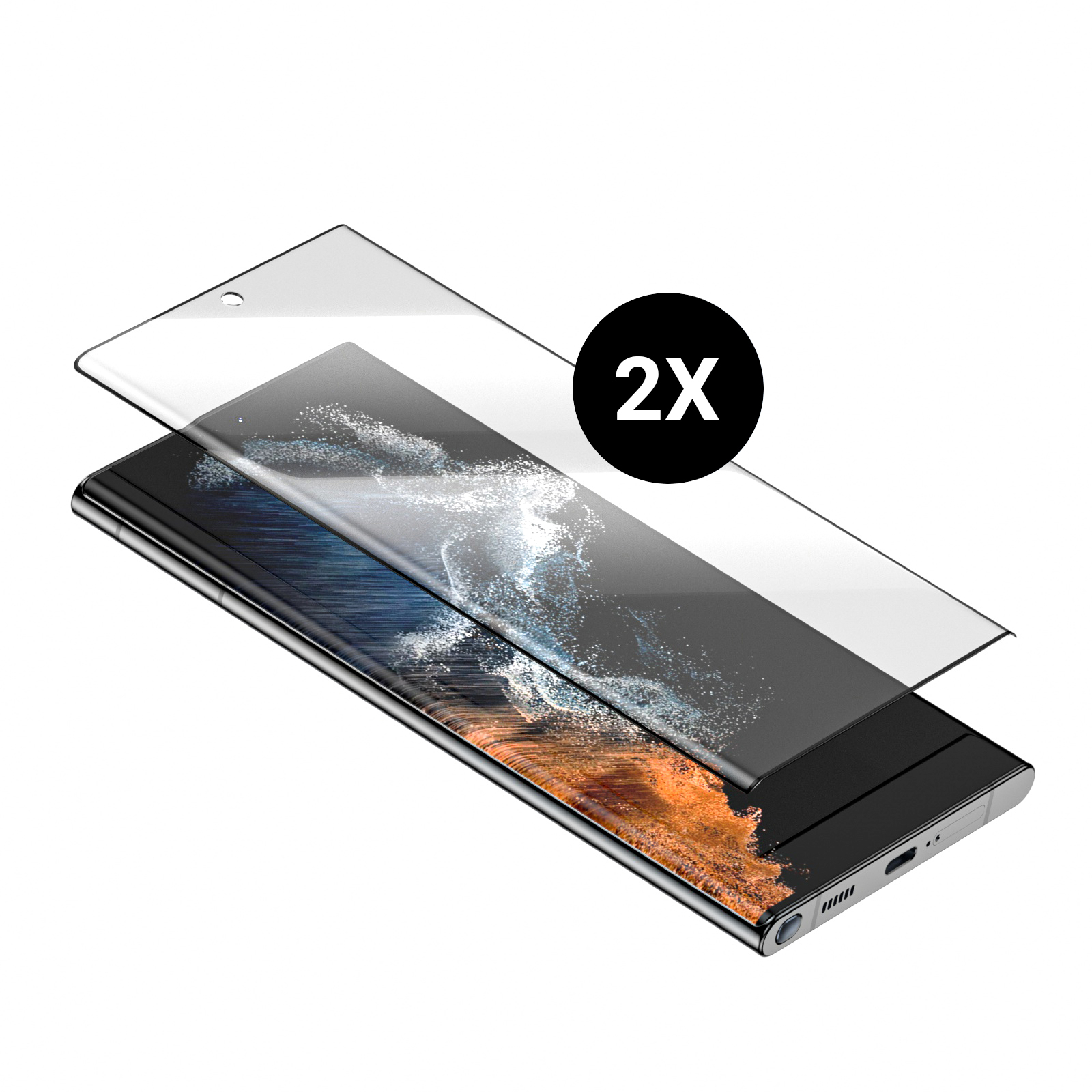 Ein Telefon mit zwei Displayschutzfolien und dem Text '2X', der zwei Schutzfolien anzeigt.