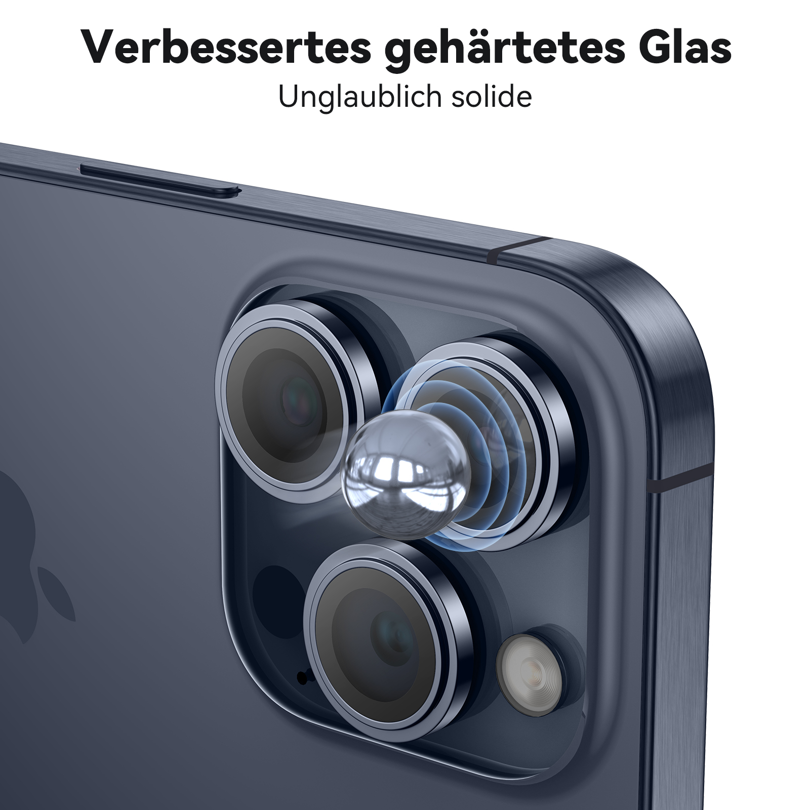Nahaufnahme eines Objektivschutzes für ein Telefon. Die Linse ist von einem Metallrahmen umgeben.