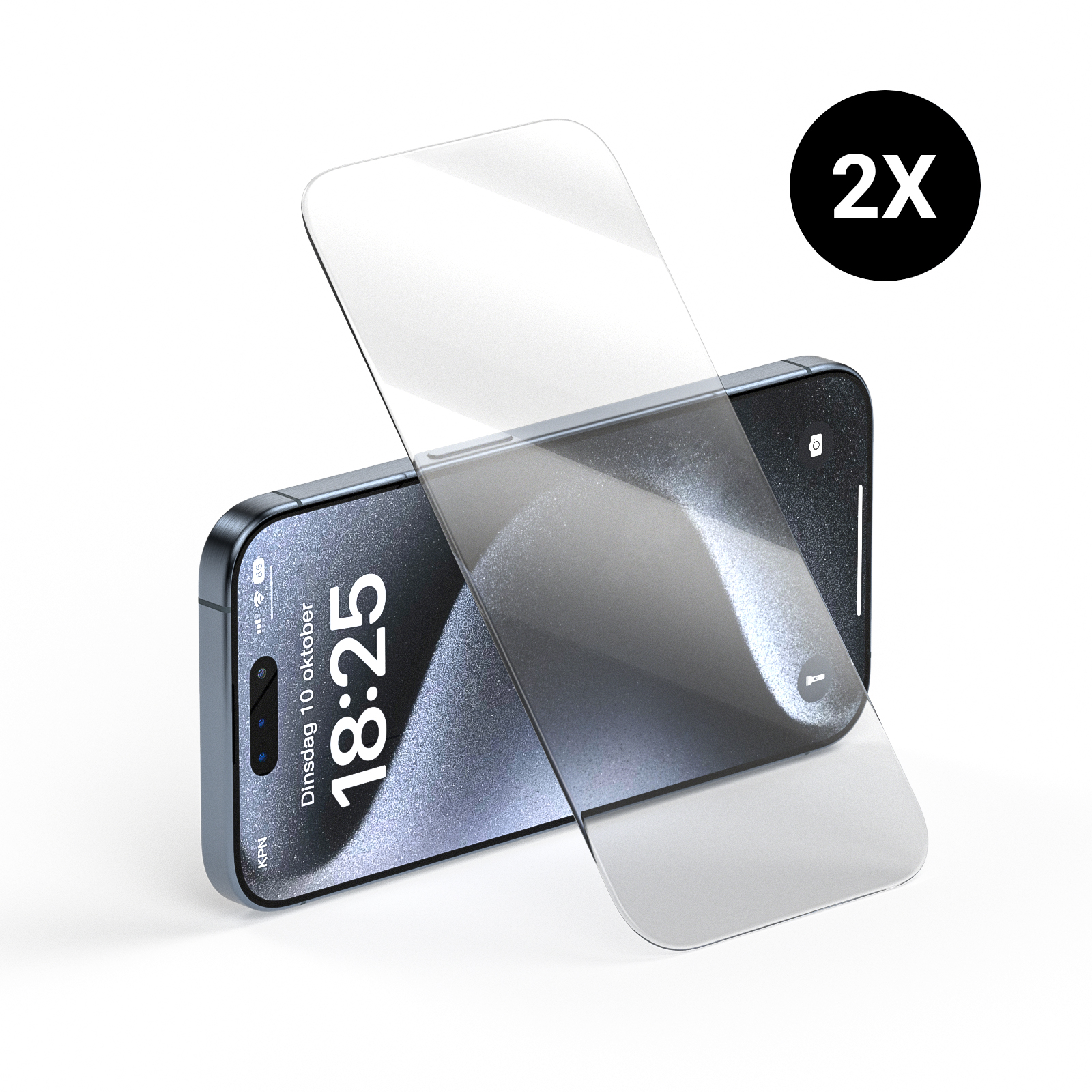 Ein iPhone mit Displayschutzfolie, zwei Folien und '2X'-Etikett sind auf weißem Hintergrund sichtbar.