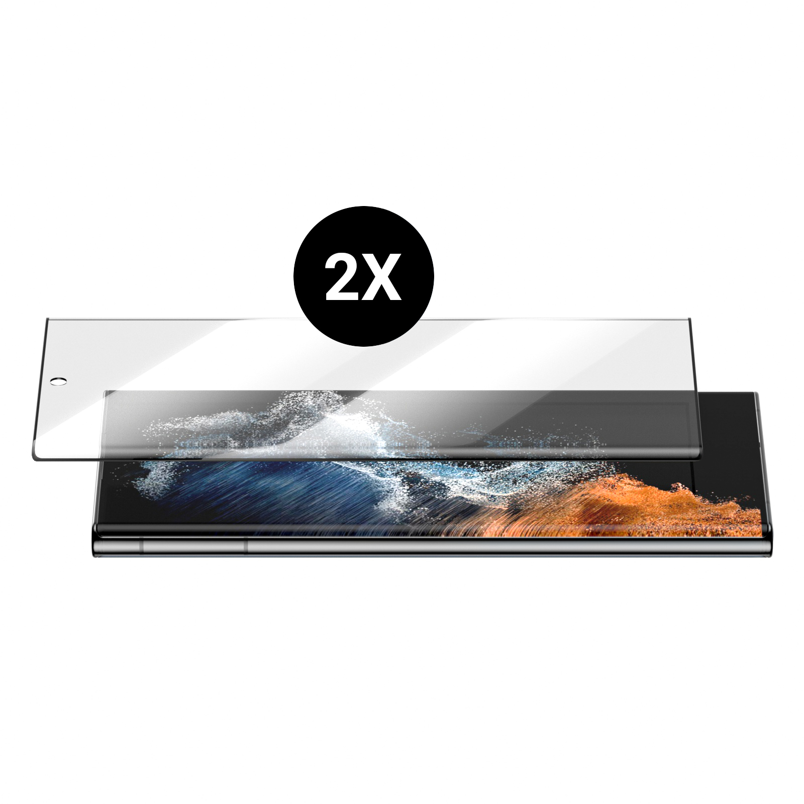 Zwei Displayschutzfolien, eine auf einem Telefon und die andere daneben. Schwarzer Kreis mit 2X darauf.