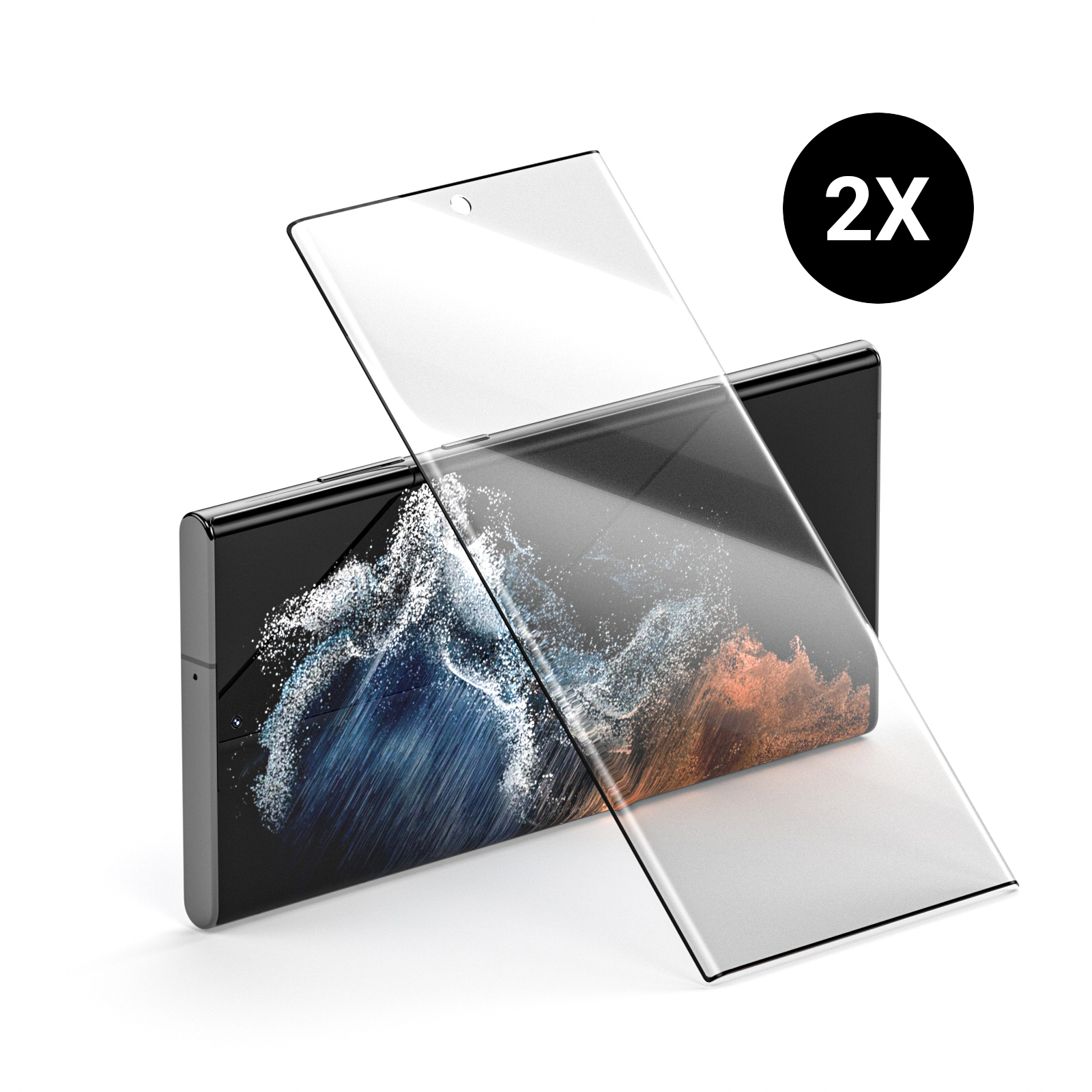 Ein Telefon mit Displayschutzfolie und einem 2X-Label.