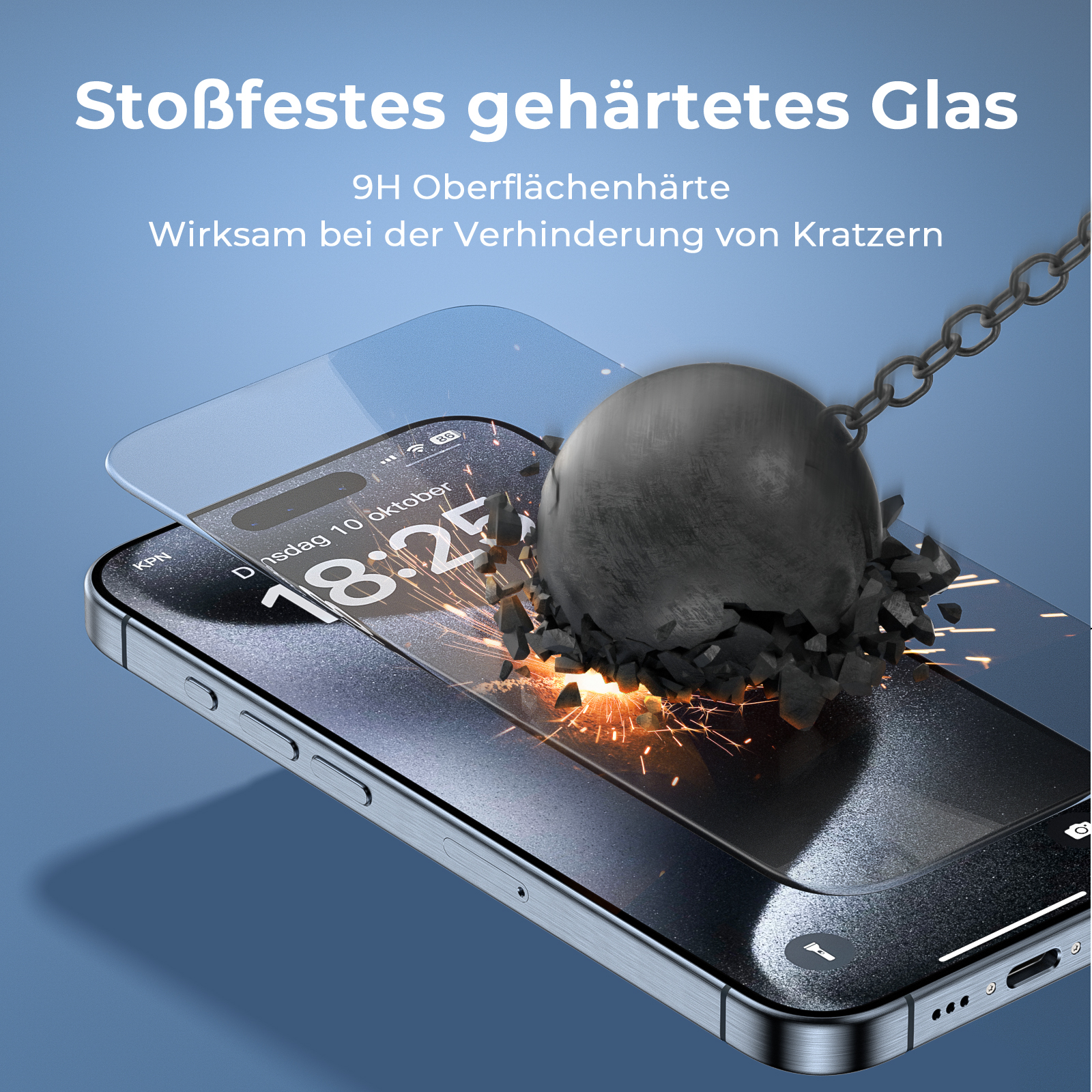 Ein Telefon mit Displayschutz, das von einem Ball getroffen wird. Text: Stoßfestes gehärtetes Glas.