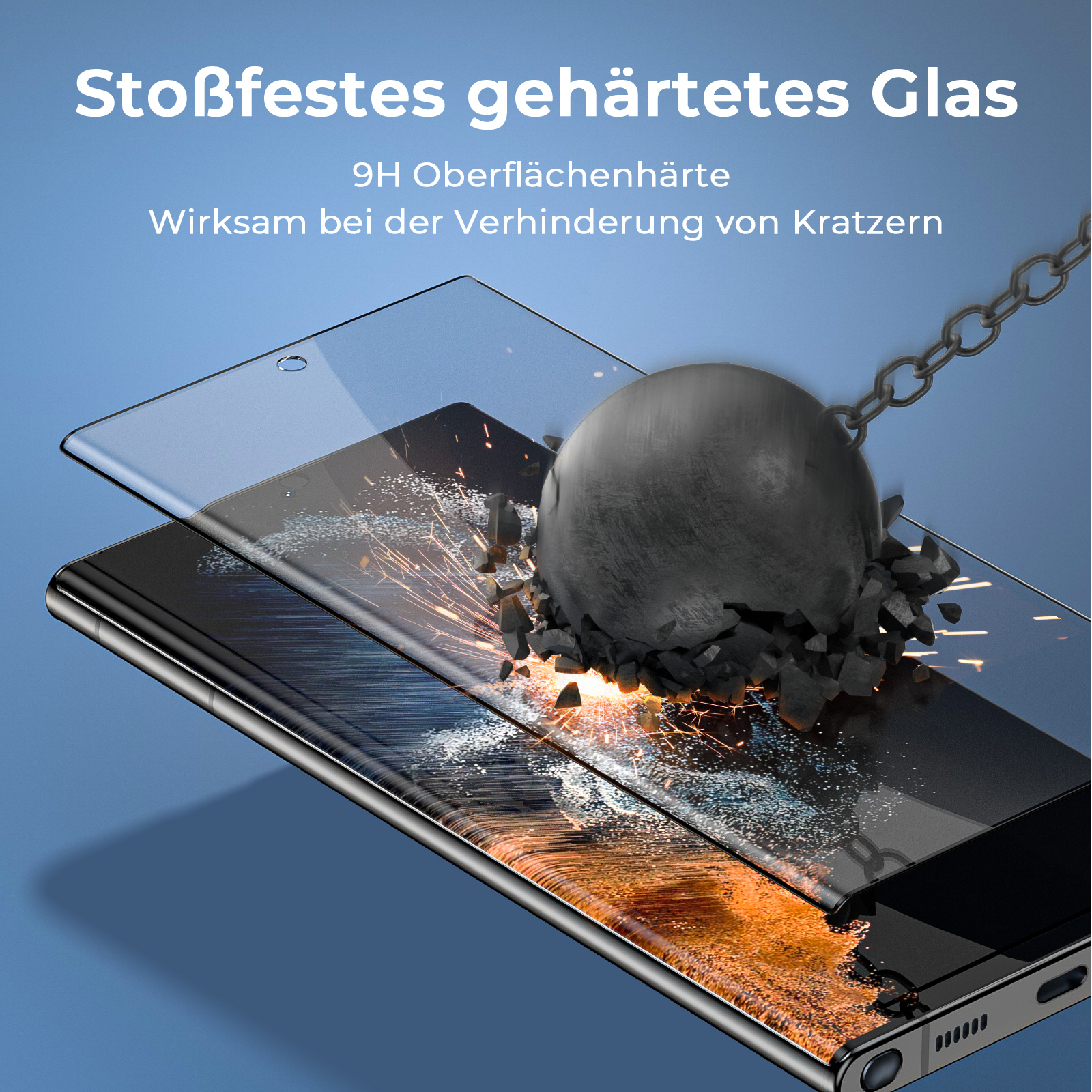 Ein Telefon mit Displayschutz und ein Ball, der auf den Schutz trifft.