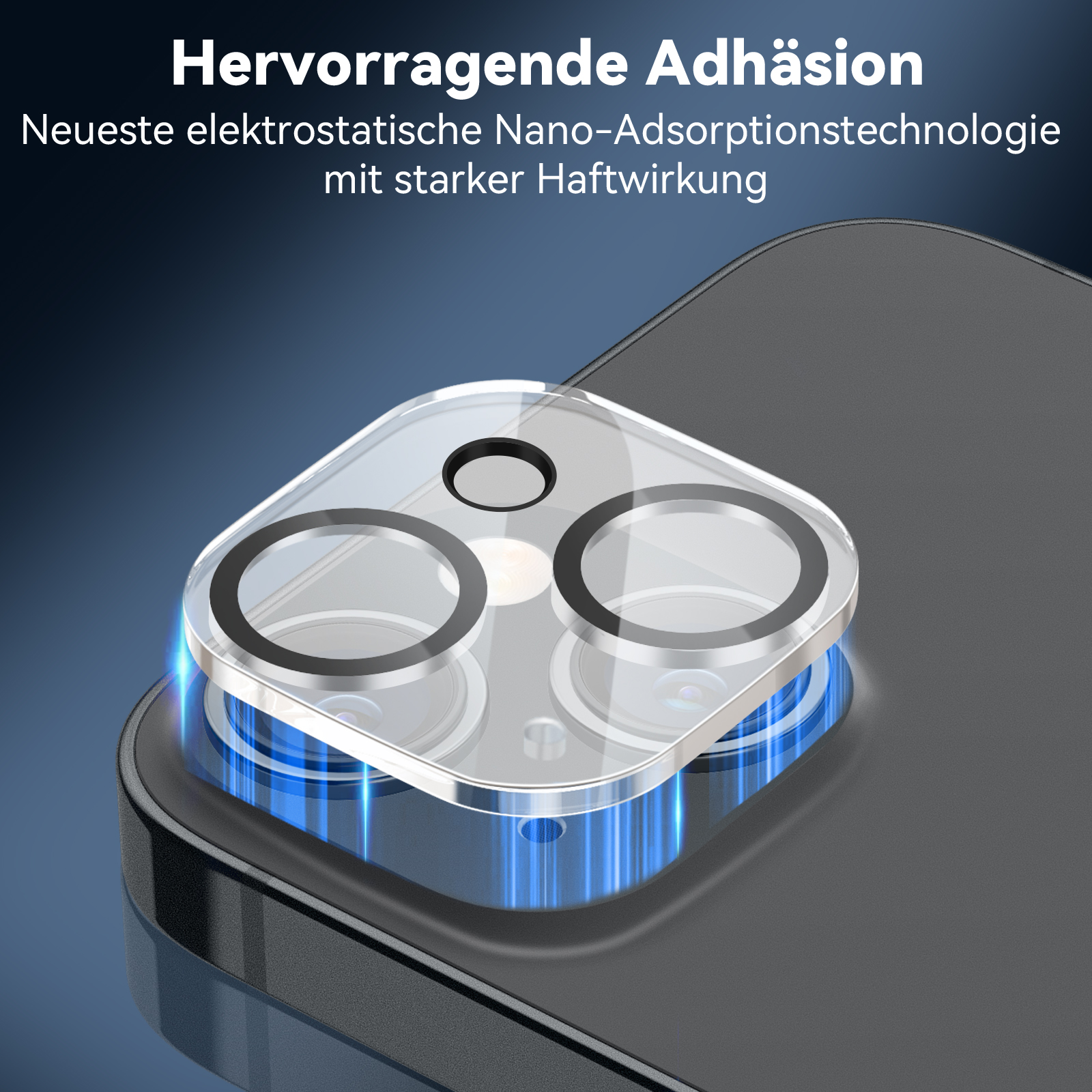 Nahaufnahme eines Telefons mit klarem Linsenschutz, wobei die Nano-Adsorptionstechnologie hervorgehoben wird.