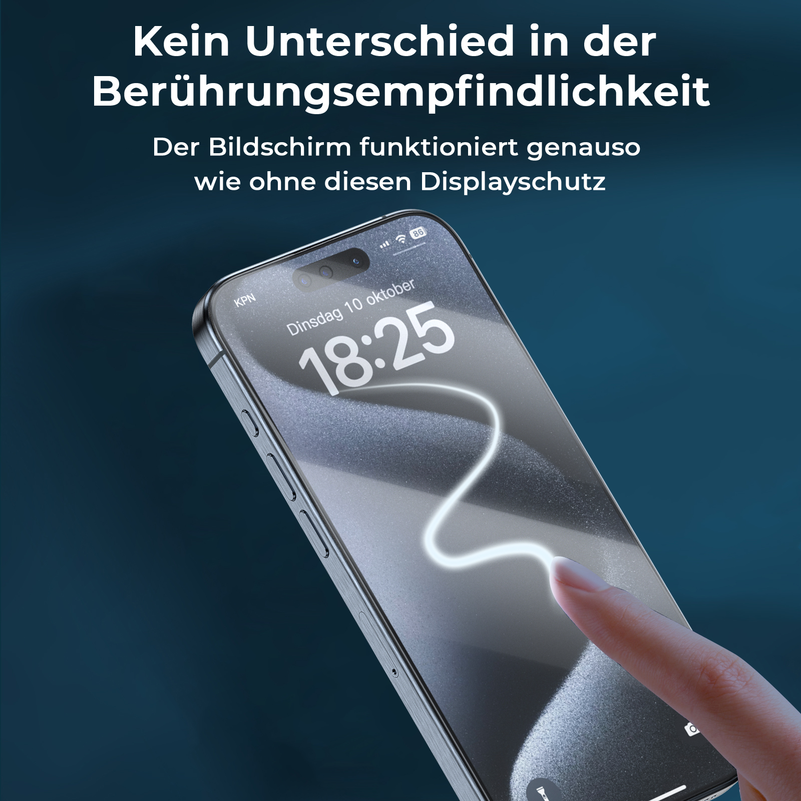 Telefonbildschirm mit Uhrzeit, mit Fingerberührung und Text zur Bildschirmempfindlichkeit.