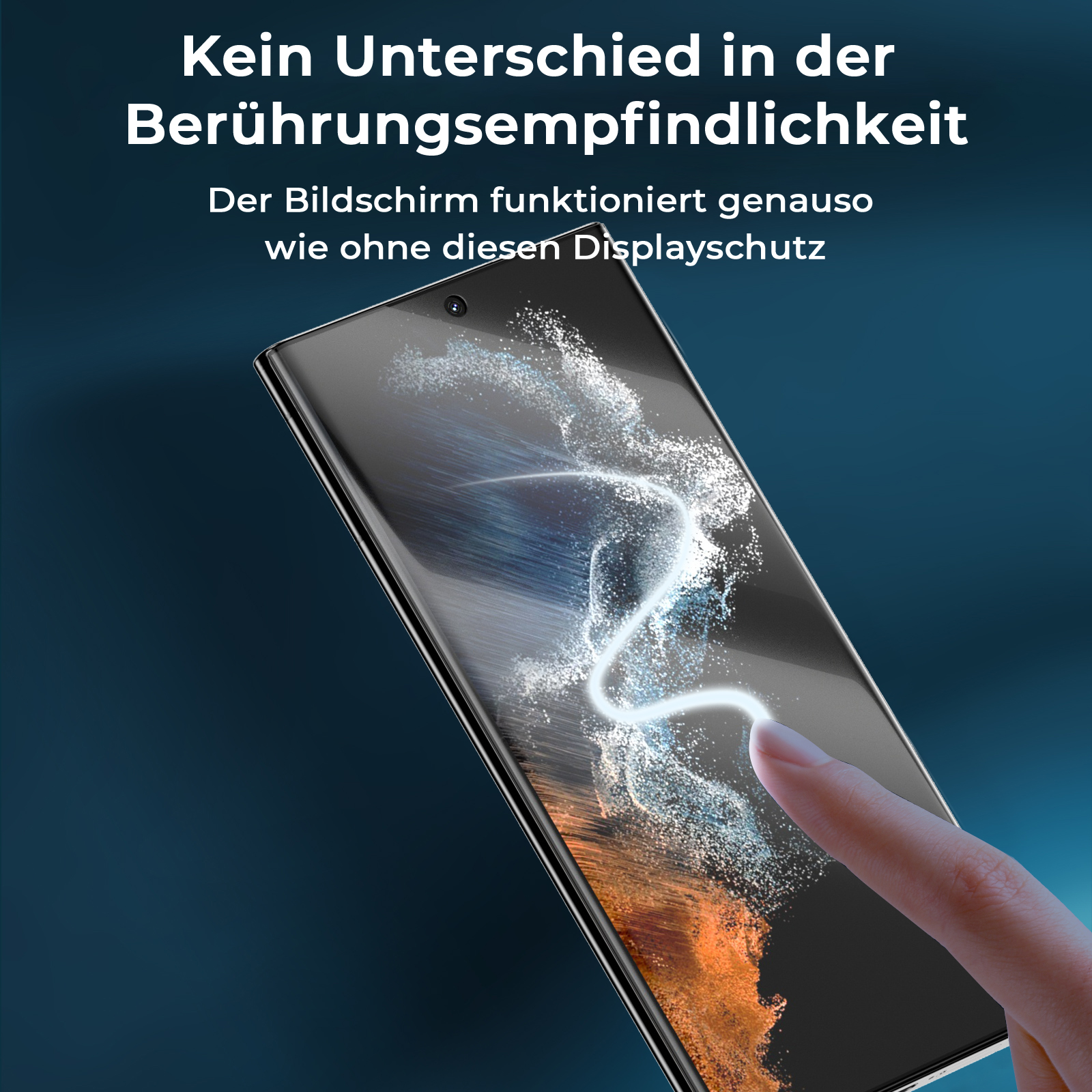 Eine Person berührt einen Telefonbildschirm mit deutschem Text über die Bildschirmempfindlichkeit.
