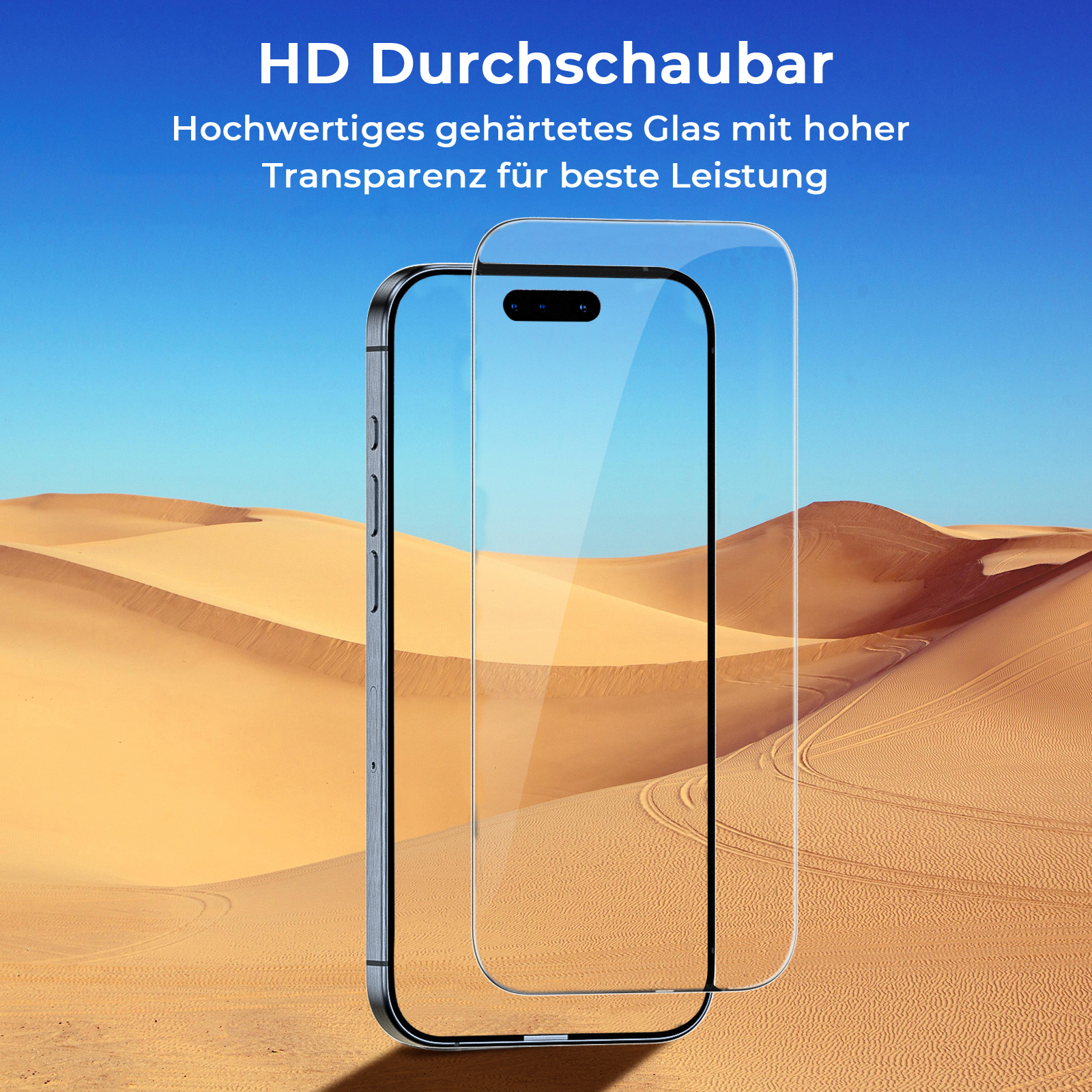 Klare Displayschutzfolie über einem Telefon, Sanddünen im Hintergrund. Text-Overlay über Klarheit.