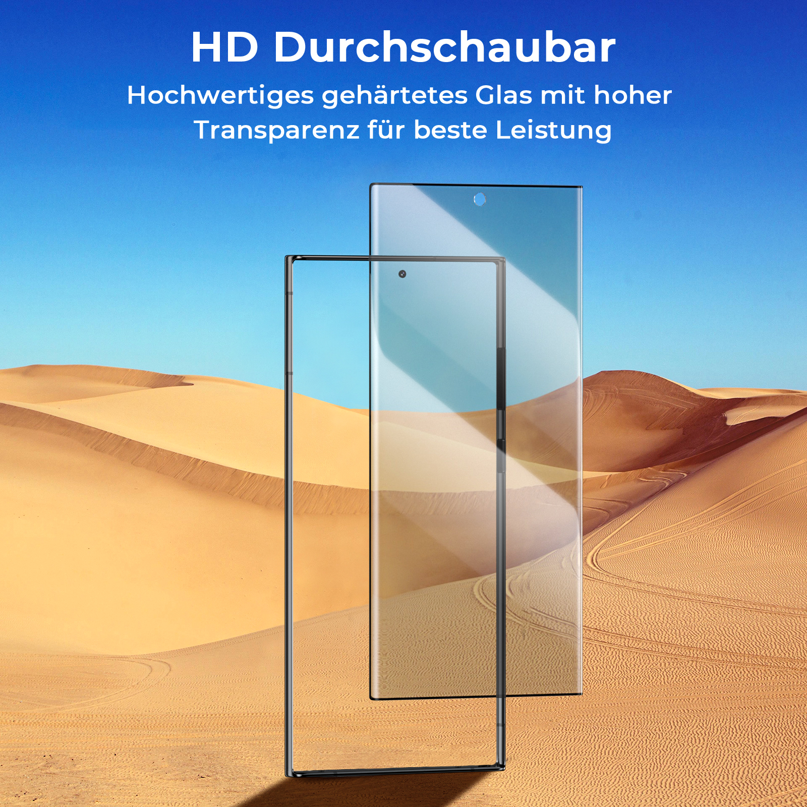 Klare Telefonschutzfolien. Zwei Schutzfolien vor Wüstenhintergrund. Schutzglas im Fokus.